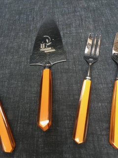 Vintage Belgian Dessert Set for Six with Two Tone Amber Bakelite Handles