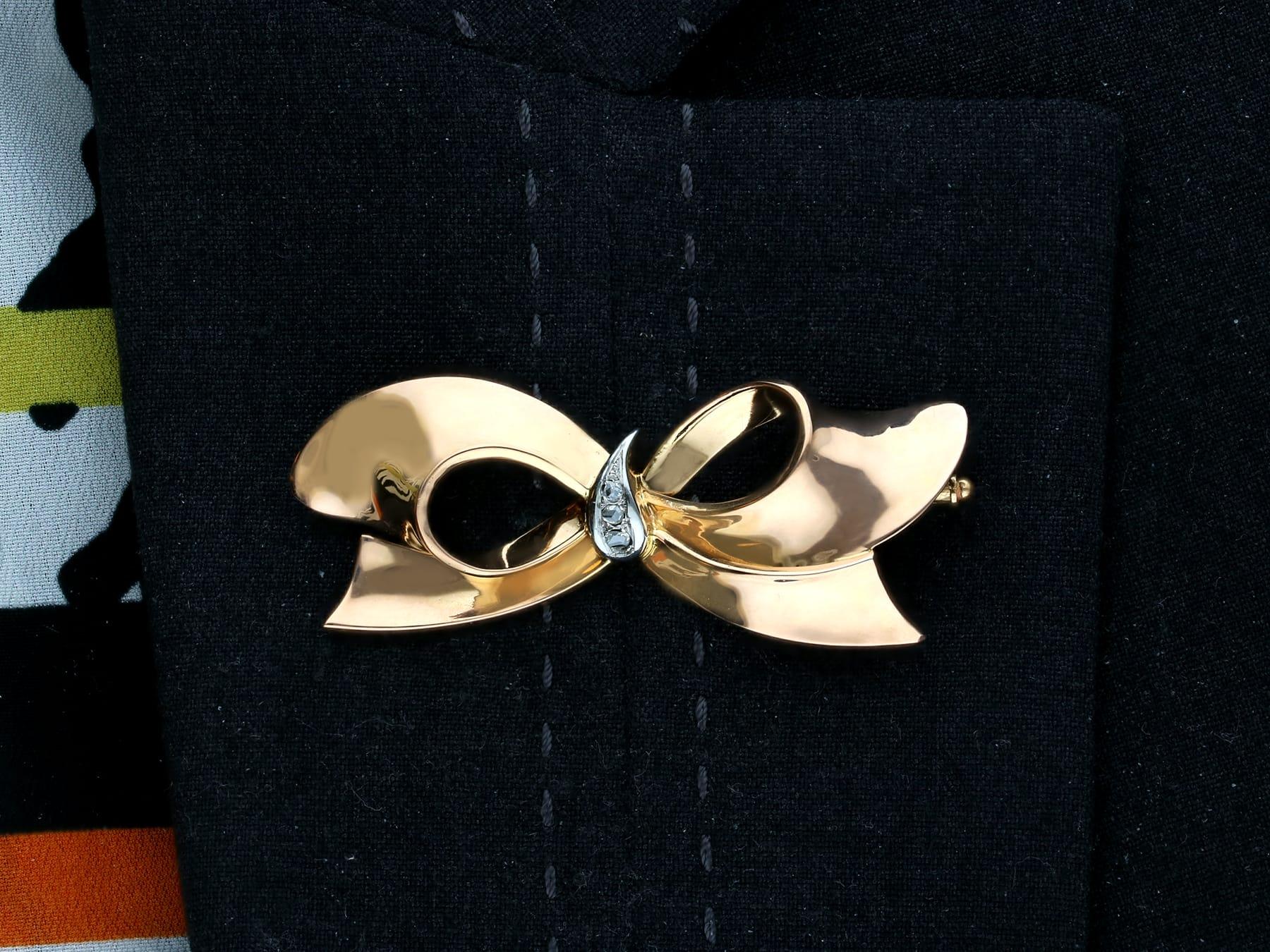 Vintage Belgian Diamond and Yellow Gold Bow Brooch For Sale 1