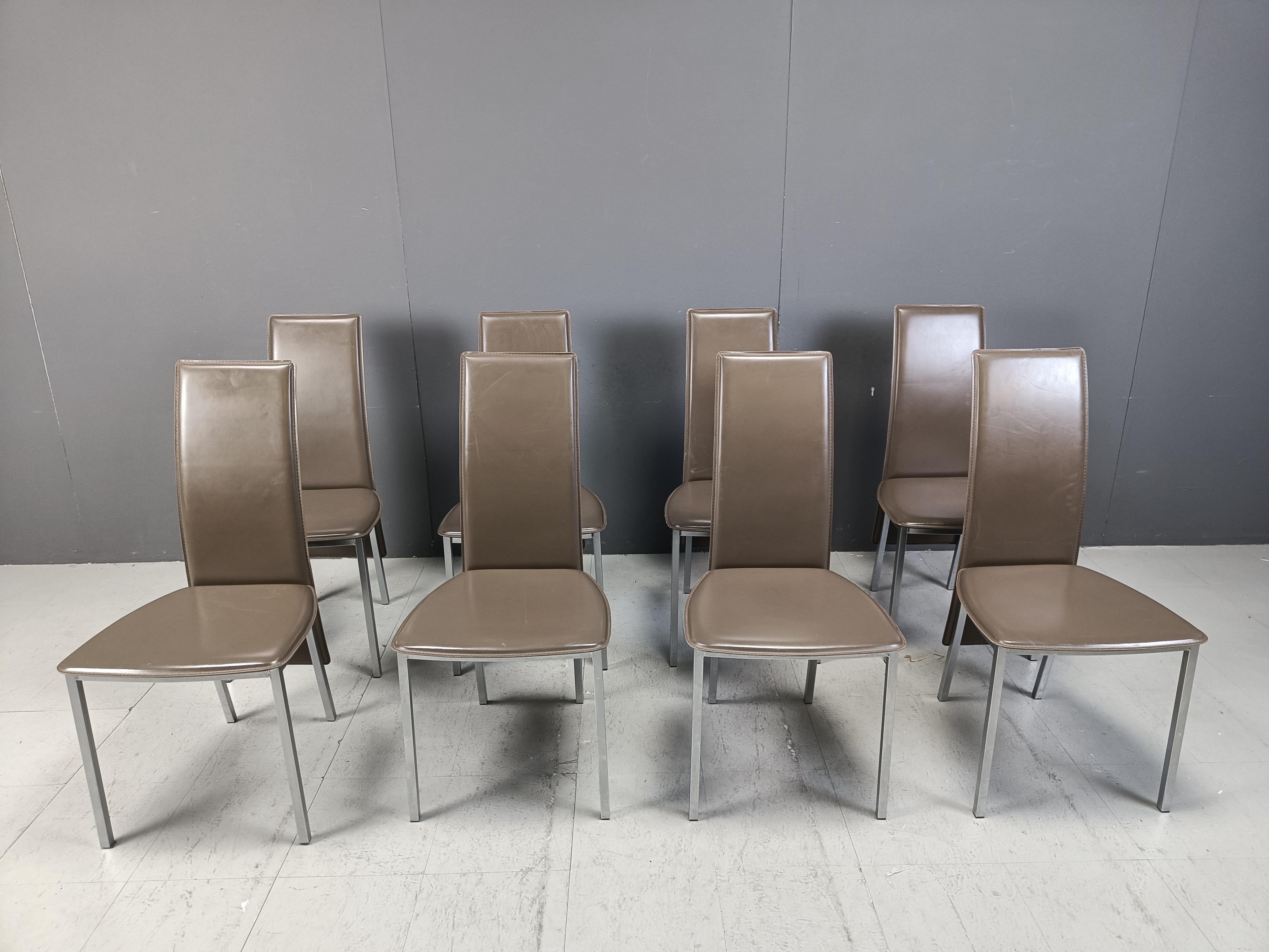 
High quality belgian dining chairs made from beautiful taupe leather and chromed legs.

Timeless design

1980s - Belgium

Good overall condition

Dimensions:
Height: 97cm
Width: 48cm
Depth: 48cm
Seat height: 45cm

Price is for the set.

Ref.: