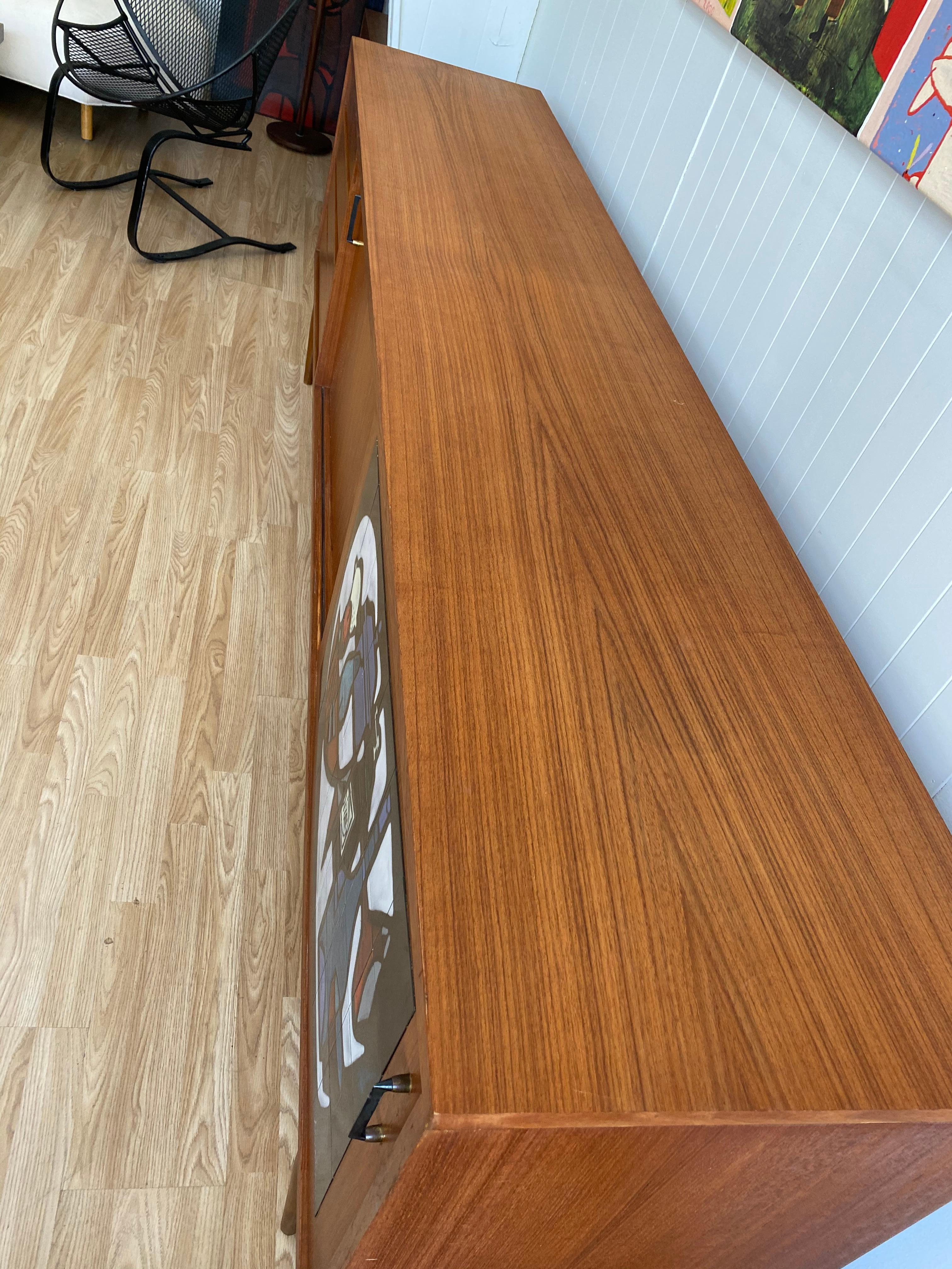 Vintage Belgian Modern Teak Credenza with Inlaid Enamel on Copper Tile 1