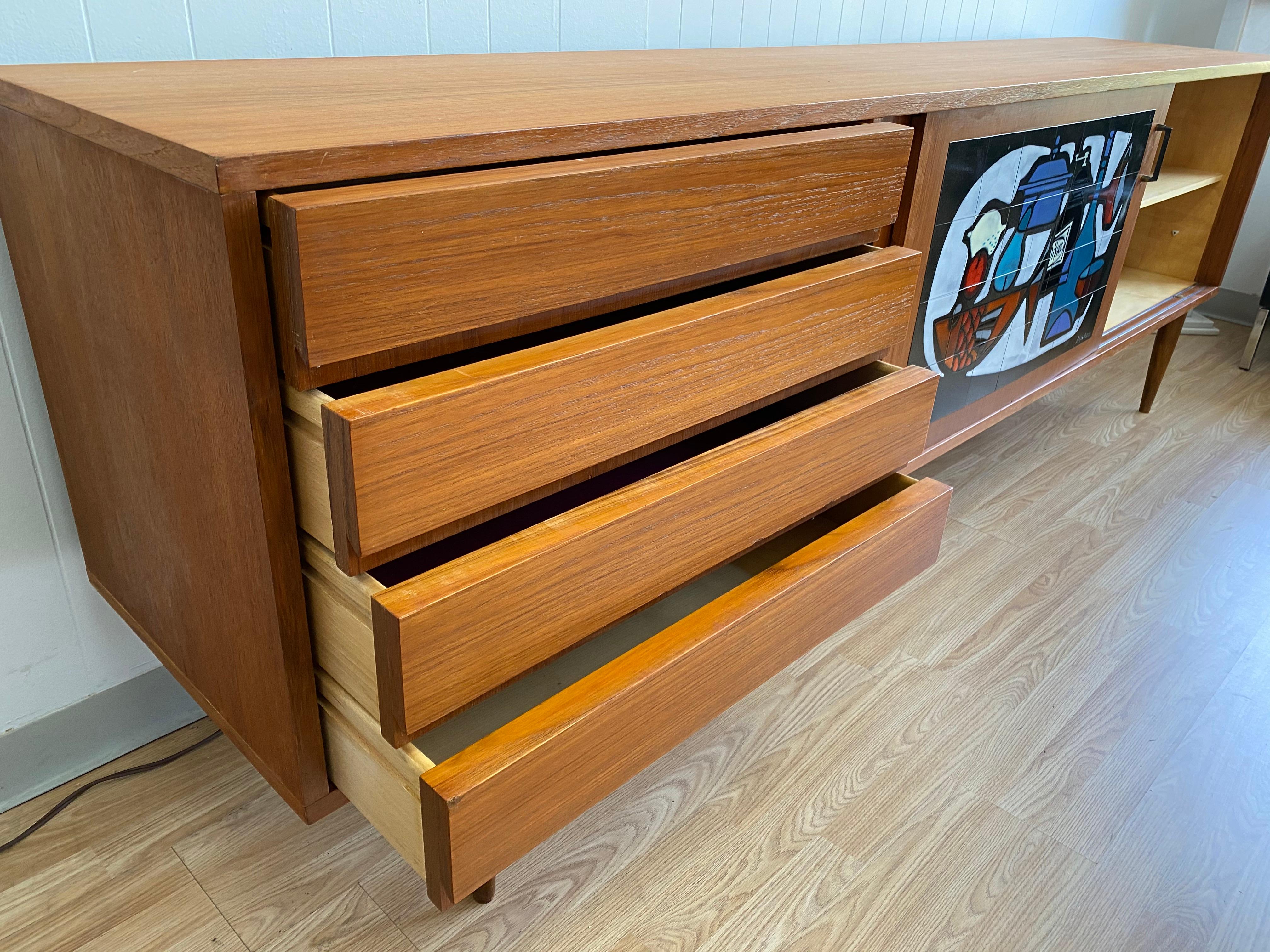 Scandinavian Modern Vintage Belgian Modern Teak Credenza with Inlaid Enamel on Copper Tile For Sale