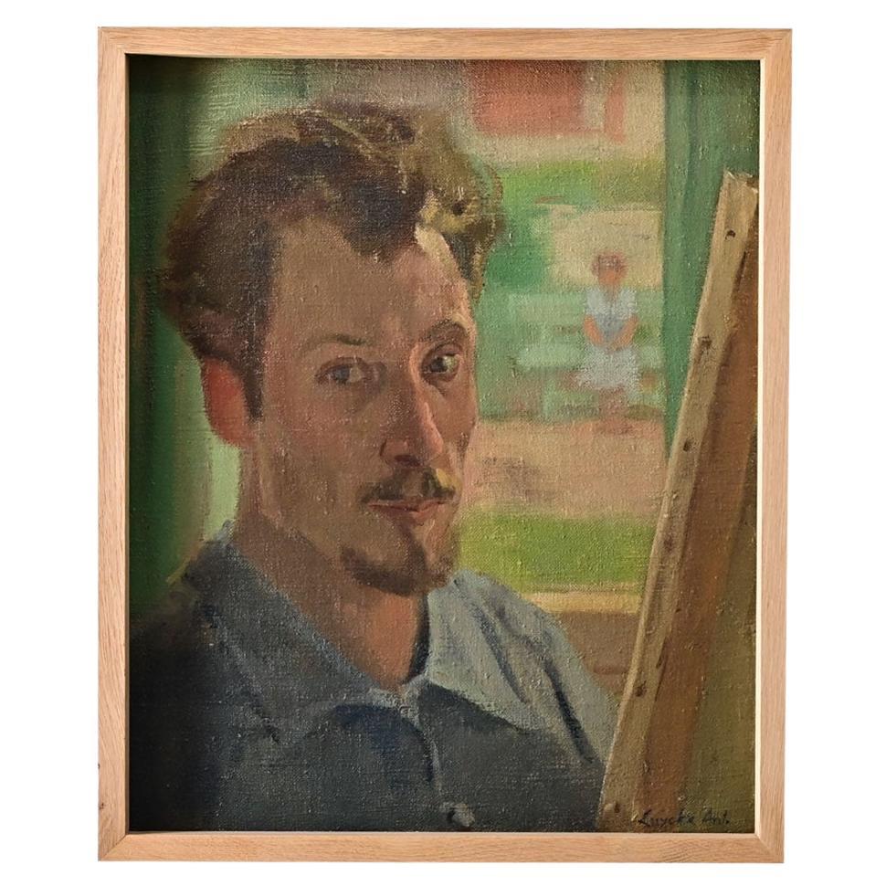Vintage Self-Portrait Oil Painting on Canvas, Signed, 20th Century