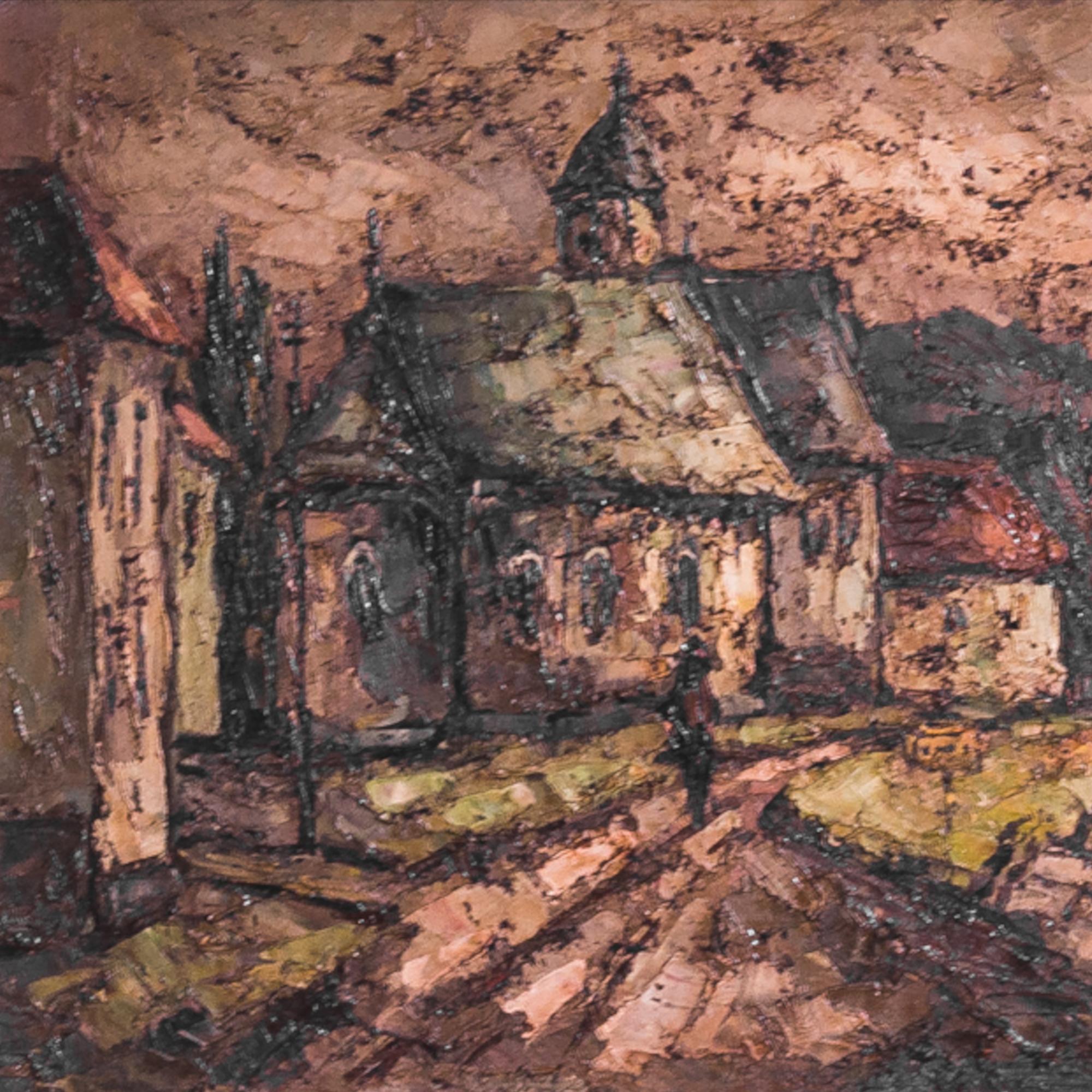 An oil painting produced in Belgium, circa 1950, depicting a provincial landscape. The frame is made of tinted wood with a gilded rim, its burgundy color echoing the reddish undertones of the painting. The paint is applied ‘impasto’ and captures the