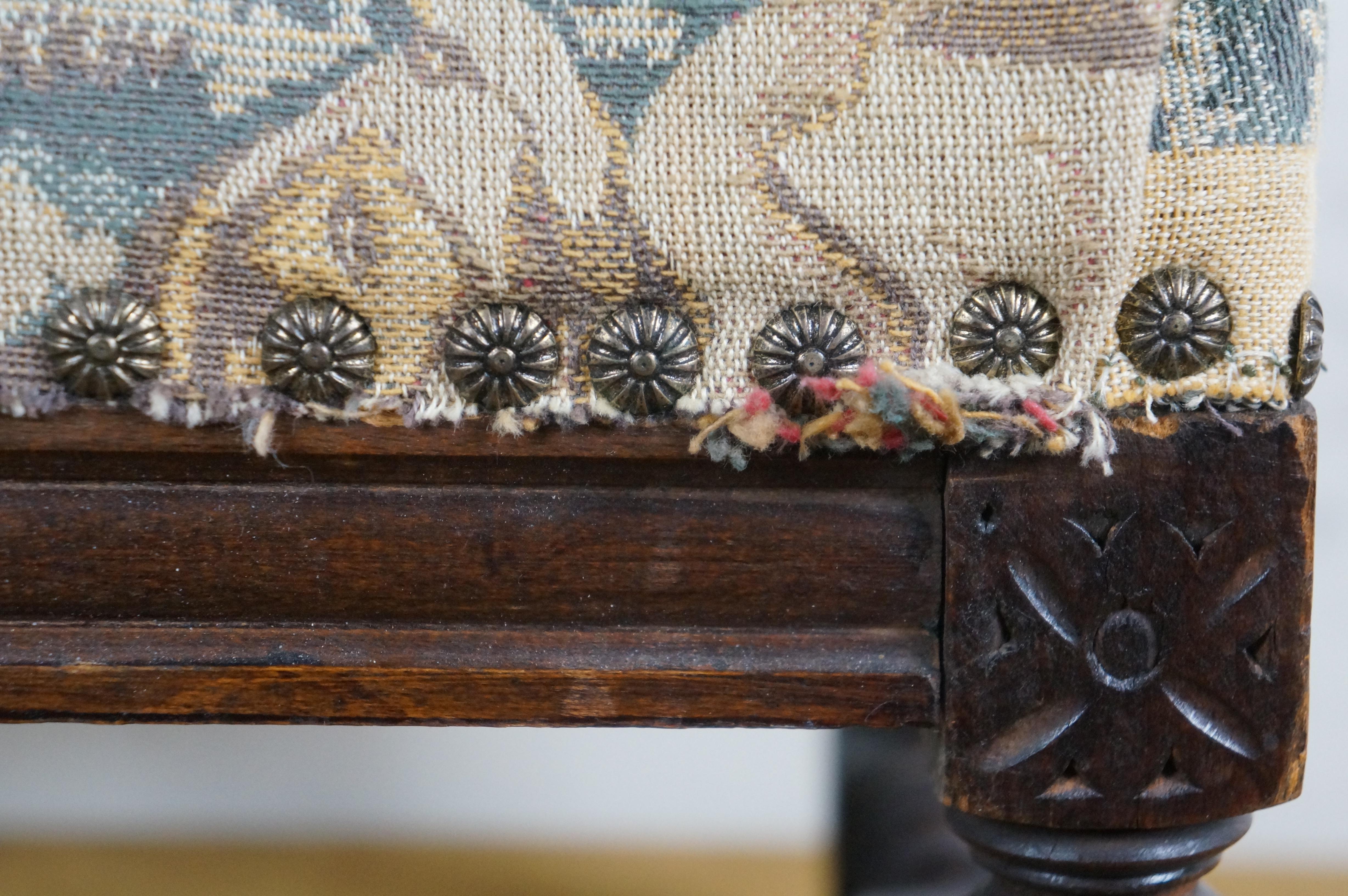 Vintage Belgian Quartersawn Oak French Country Tapestry Footstool Ottoman 13