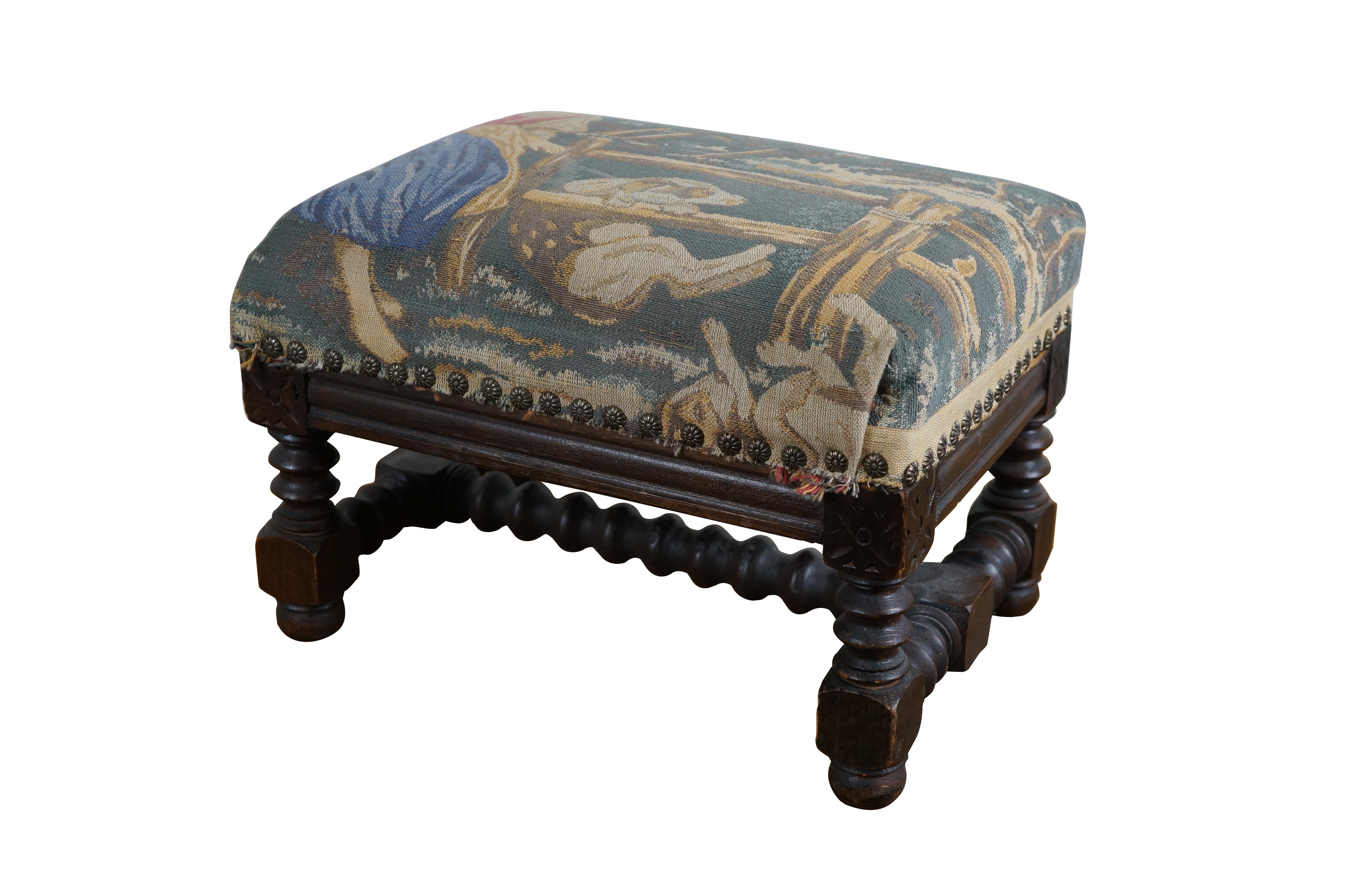 French Provincial Vintage Belgian Quartersawn Oak French Country Tapestry Footstool Ottoman 13