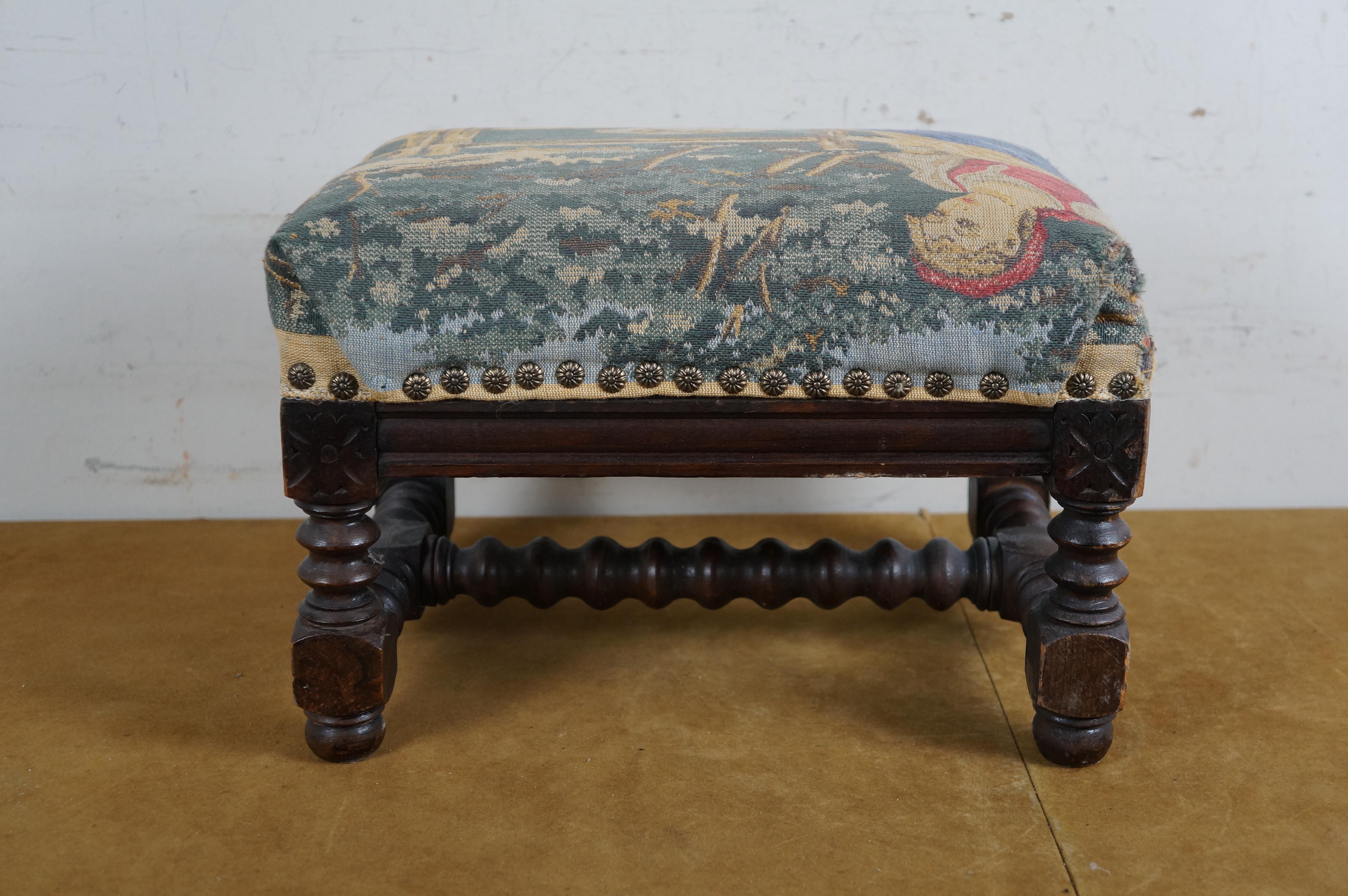 20th Century Vintage Belgian Quartersawn Oak French Country Tapestry Footstool Ottoman 13