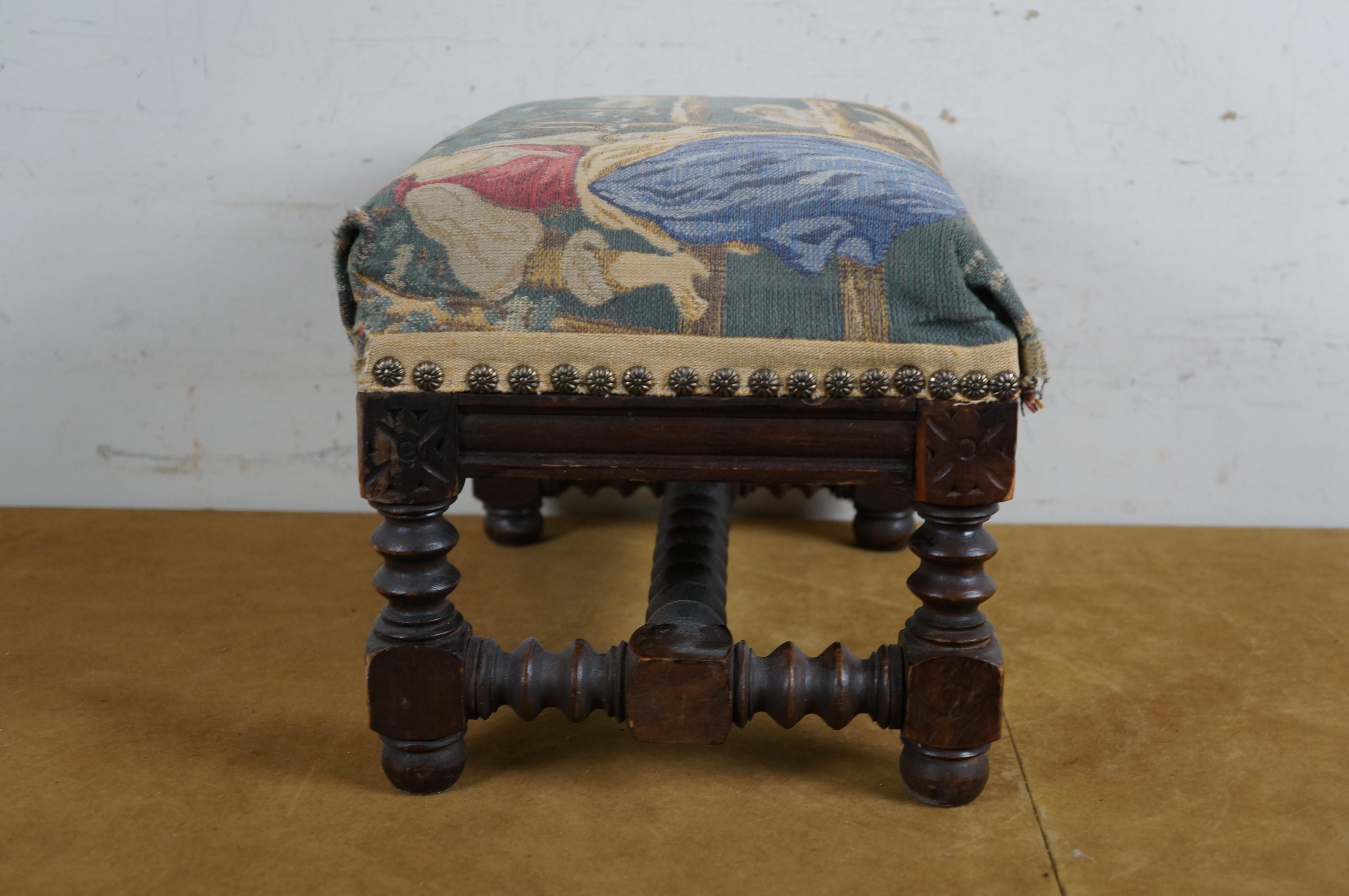Vintage Belgian Quartersawn Oak French Country Tapestry Footstool Ottoman 13