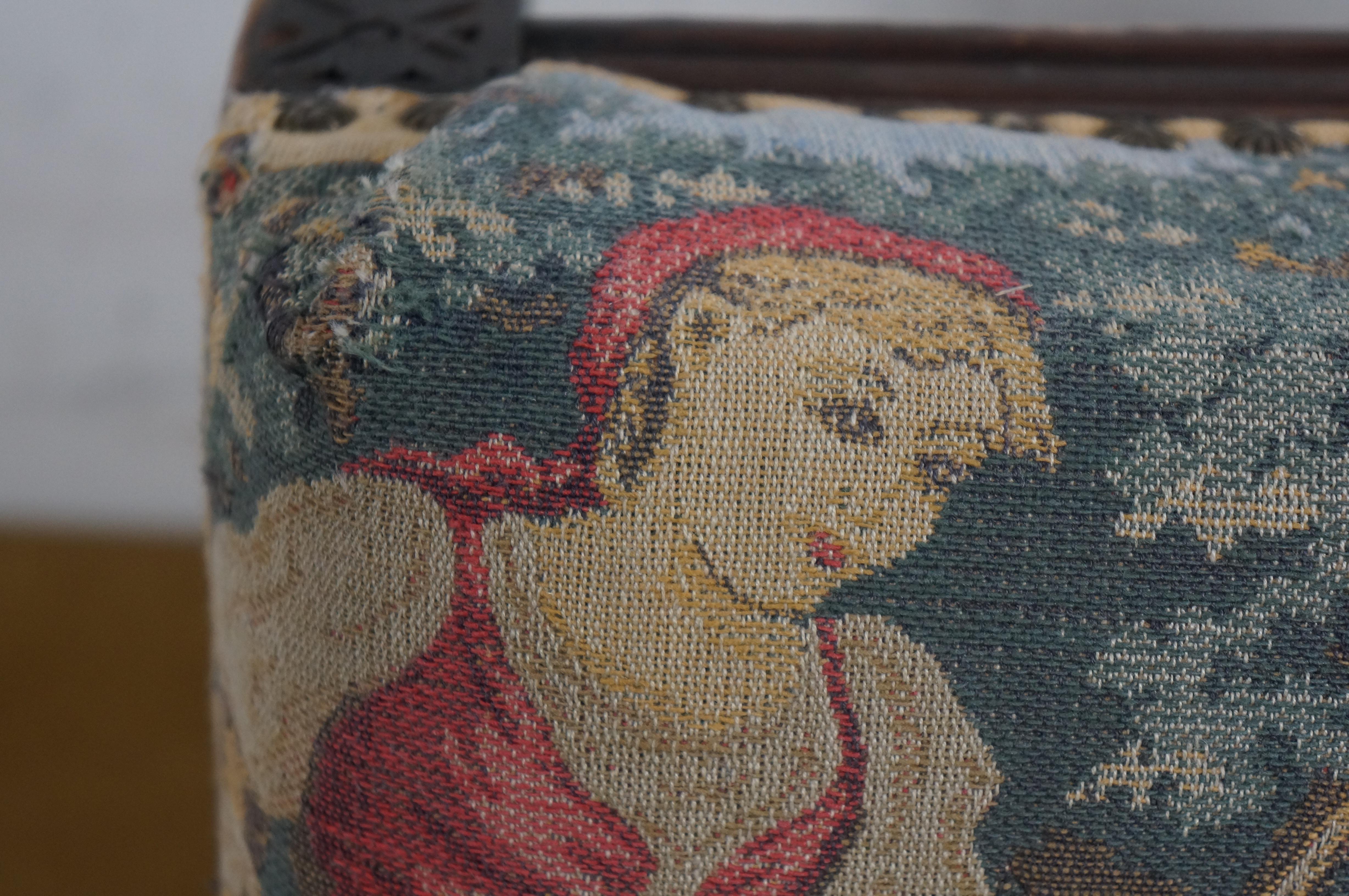 Vintage Belgian Quartersawn Oak French Country Tapestry Footstool Ottoman 13