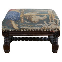 Vintage Belgique Quartersawn Oak French Country Tapestry Pouf Ottoman 13 po.