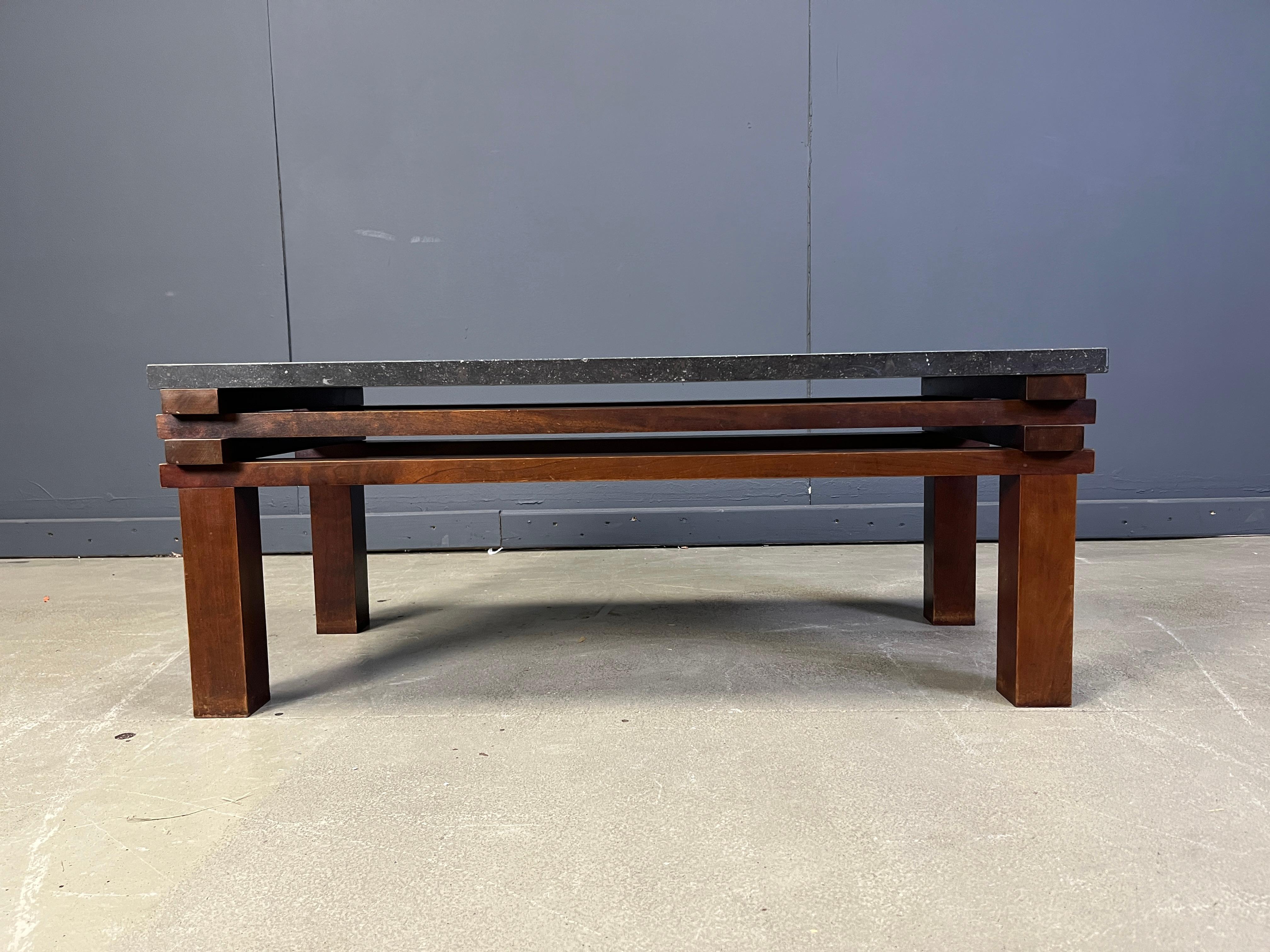 Mid-Century Modern Vintage belgian stone and wooden coffee table, 1970s For Sale
