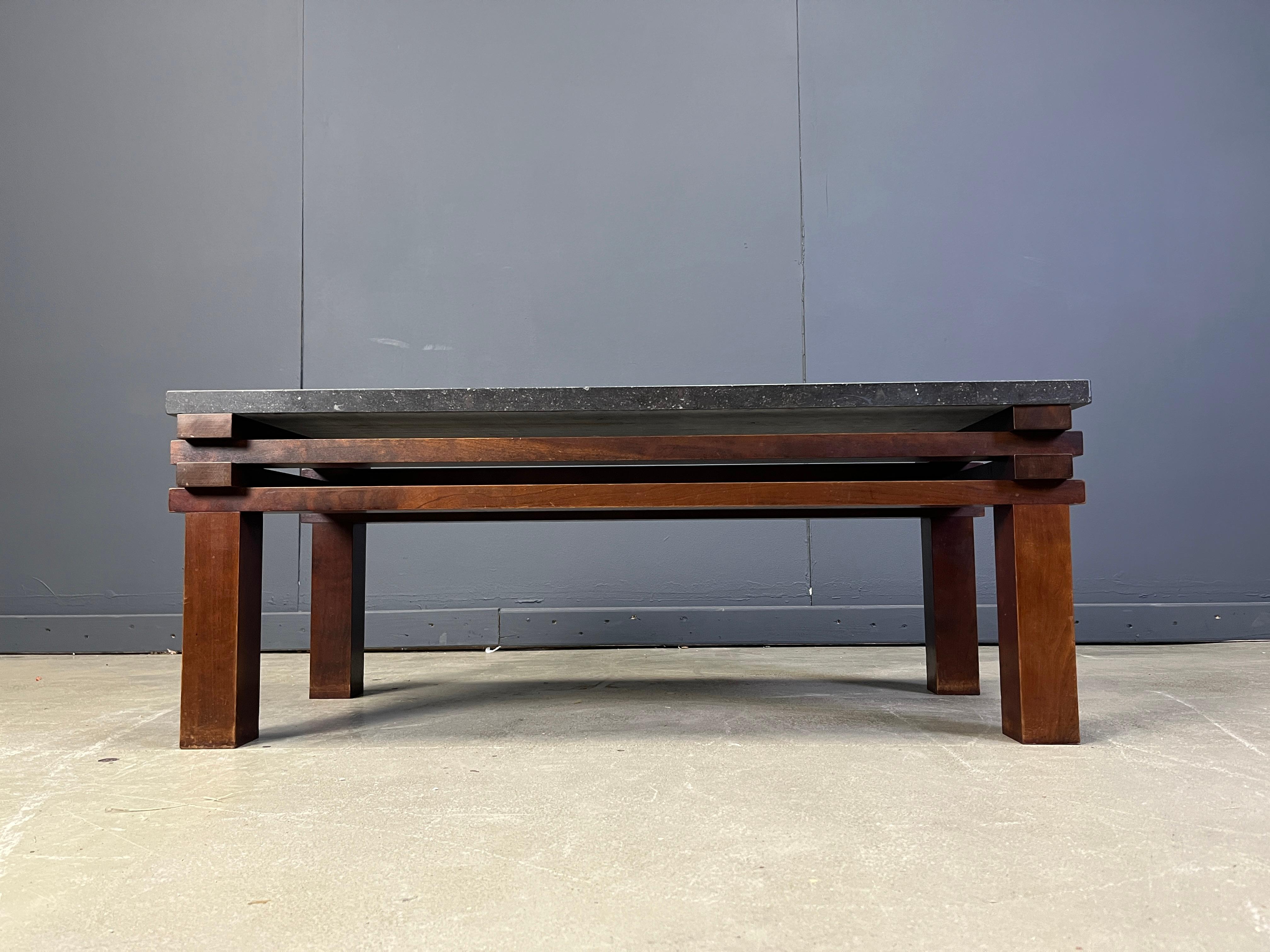 Belgian Vintage belgian stone and wooden coffee table, 1970s For Sale