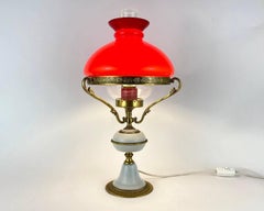 Vintage Belgian Table Lamp with Gilt Bronze and Red Glass Lampshade Lamp, 1970s