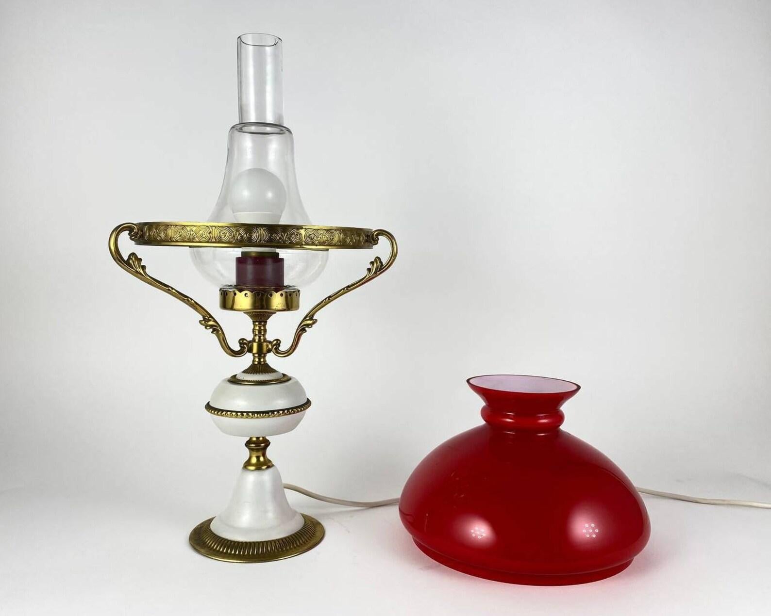 Metal Vintage Belgian Table Lamp with Gilt Bronze and Red Glass Lampshade Lamp, 1970s For Sale