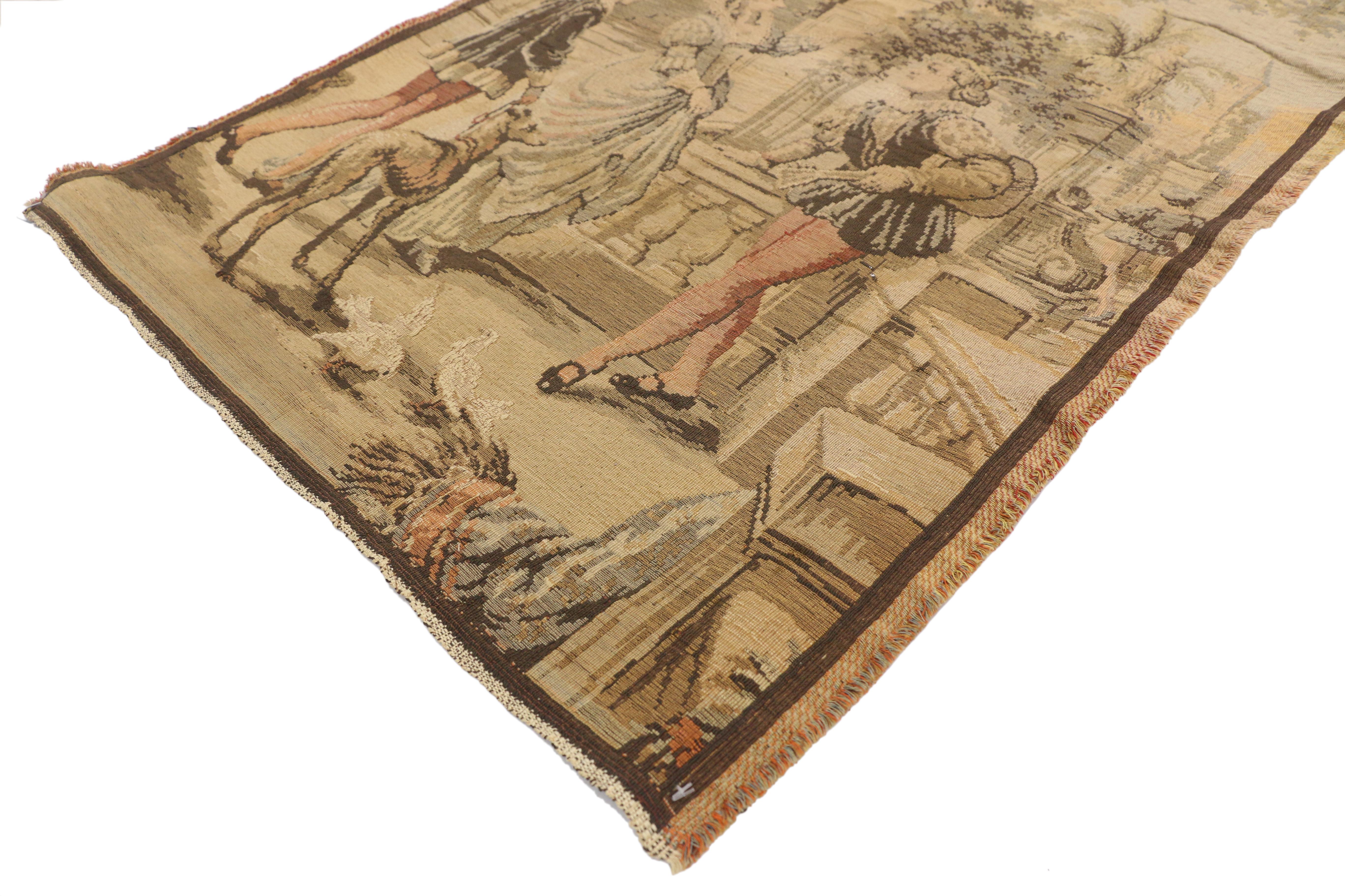 74926 Vintage Belgian Venetian Tapestry with Venice Renaissance Canal Scene and Victorian Rococo Style 02'03 x 03'02. Drawing inspiration from a combination of Giacomo Mantegazza figure painting style and Canaletto, this vintage Belgian Venetian