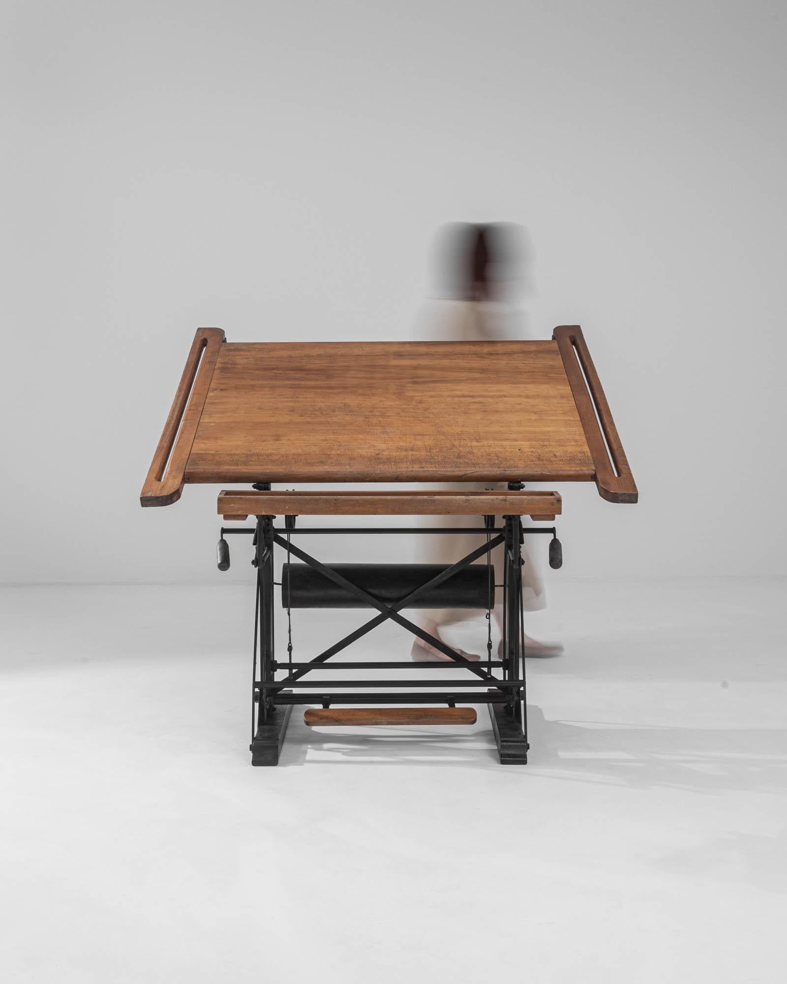 20th Century Vintage Belgian Wooden Drawing Table with Metal Base