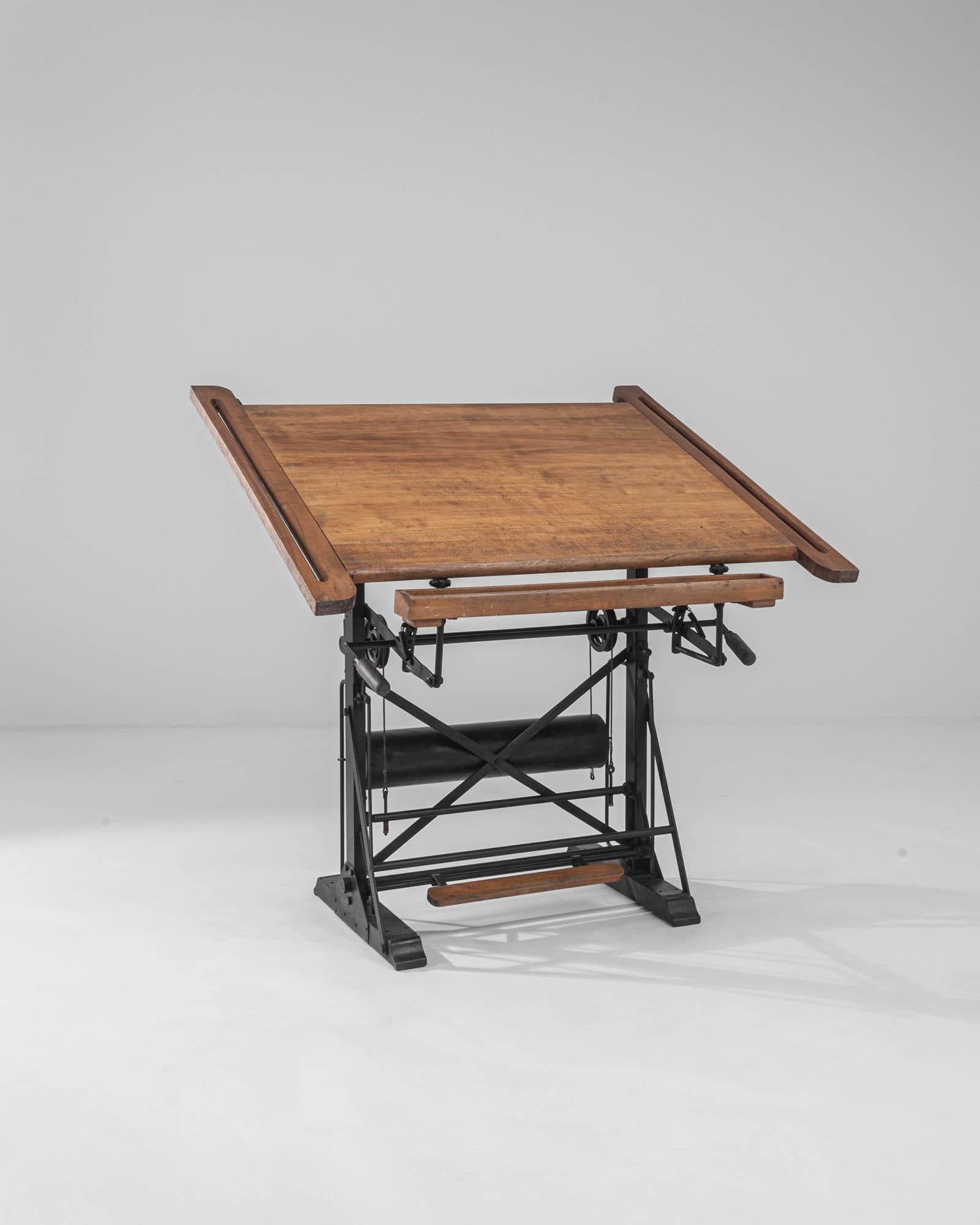 Vintage Belgian Wooden Drawing Table with Metal Base 1