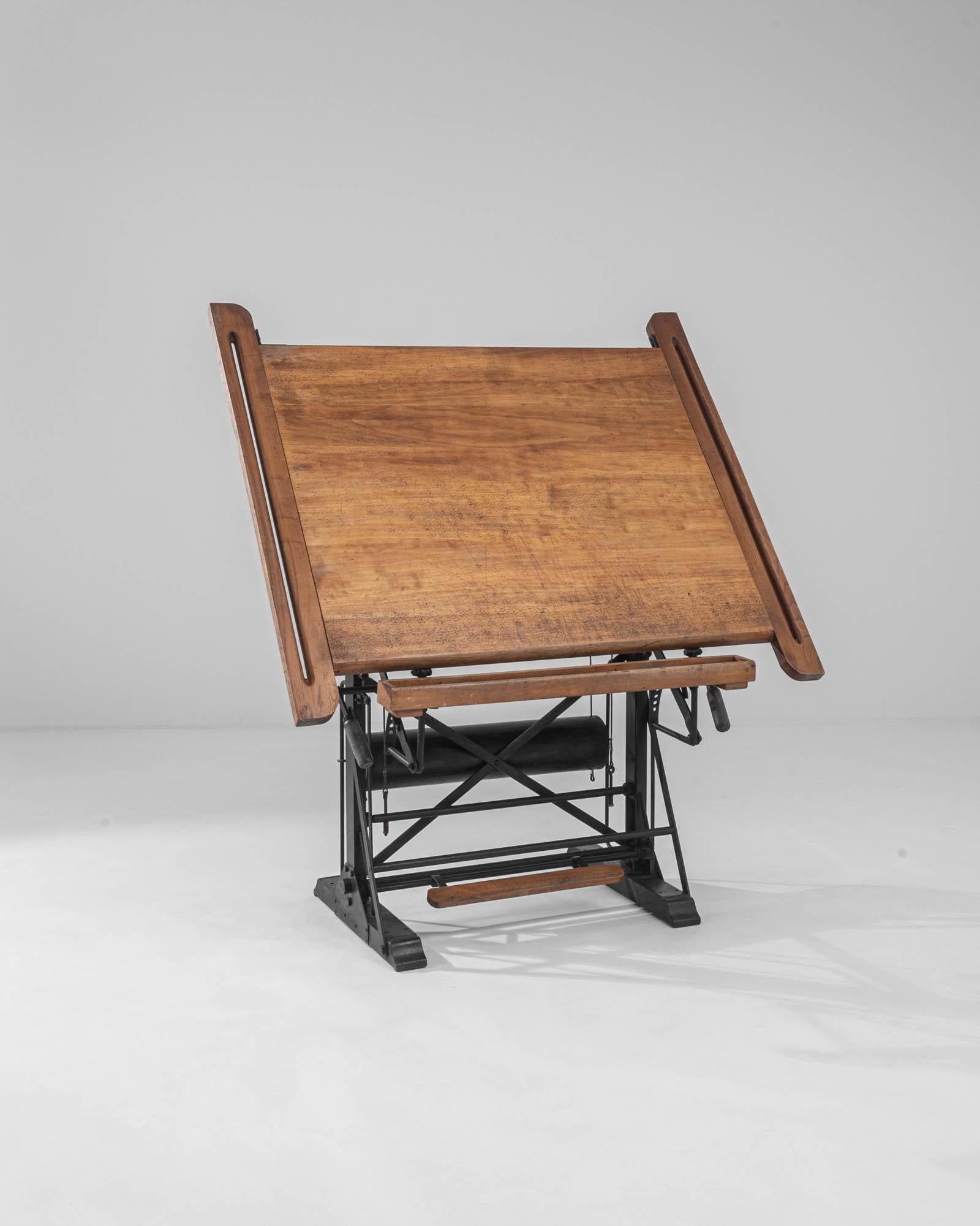 Vintage Belgian Wooden Drawing Table with Metal Base 3