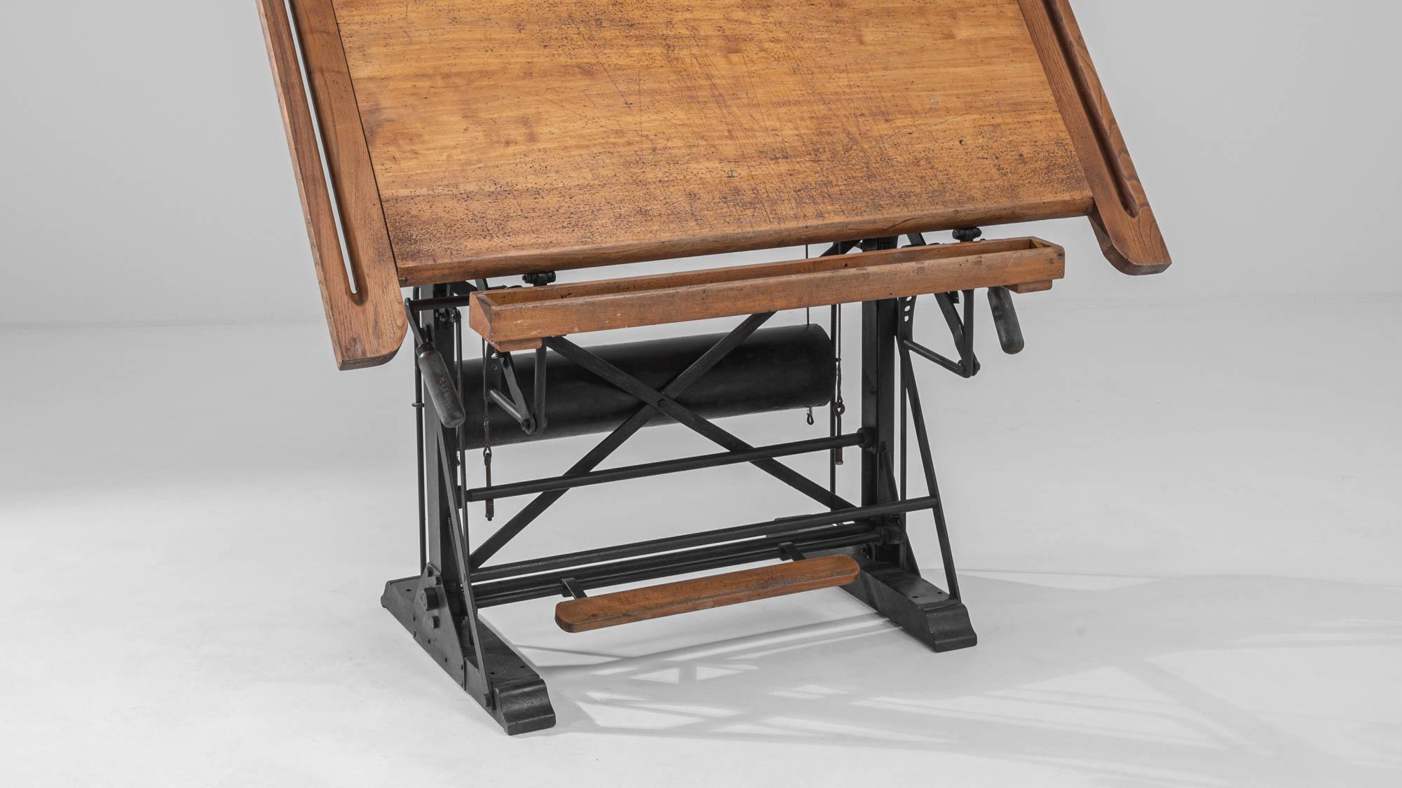 Vintage Belgian Wooden Drawing Table with Metal Base 5