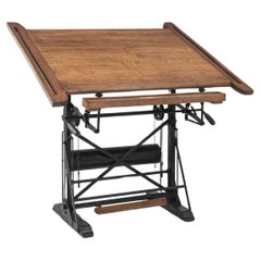 Antique Belgian Wooden Drawing Table with Metal Base