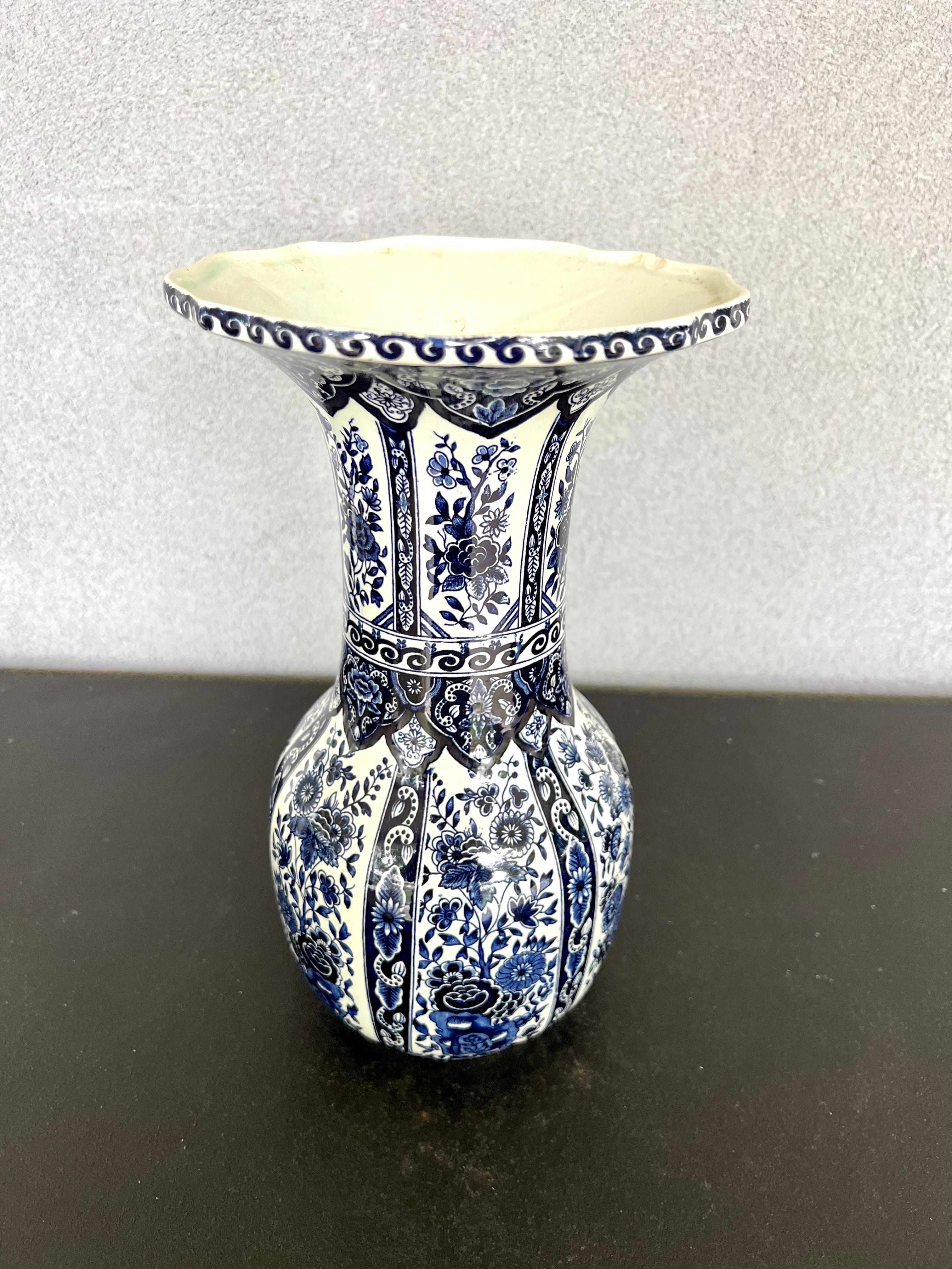 Porcelain Vintage Belgium Delft Blue & White Vase by Boch for Royal Sphinx Holland For Sale