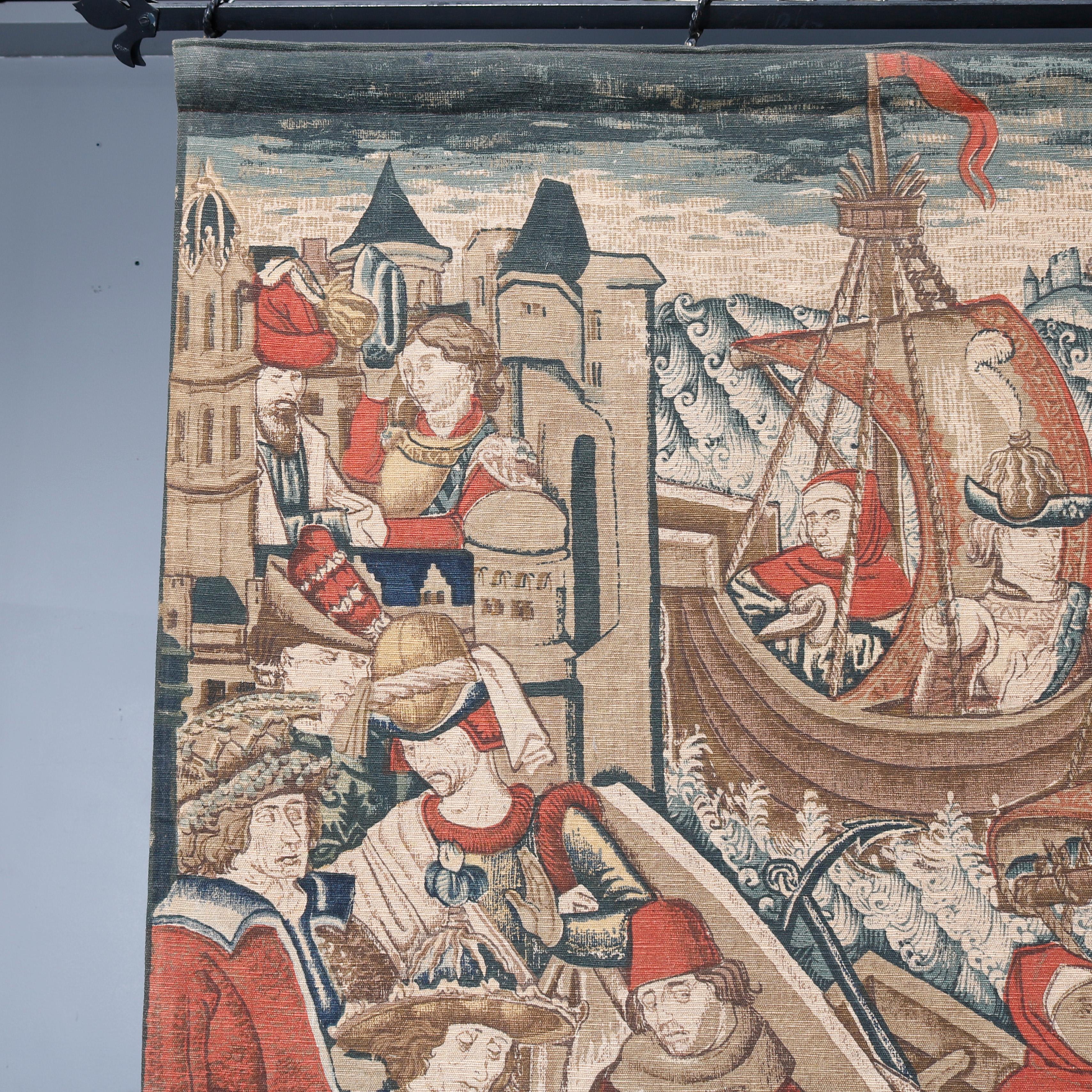 A vintage Belgium Flemish style wall tapestry offers Medieval scene with figures, structures including castles, and ships, back is lined as photographed, 20th century

Measures: 80.25