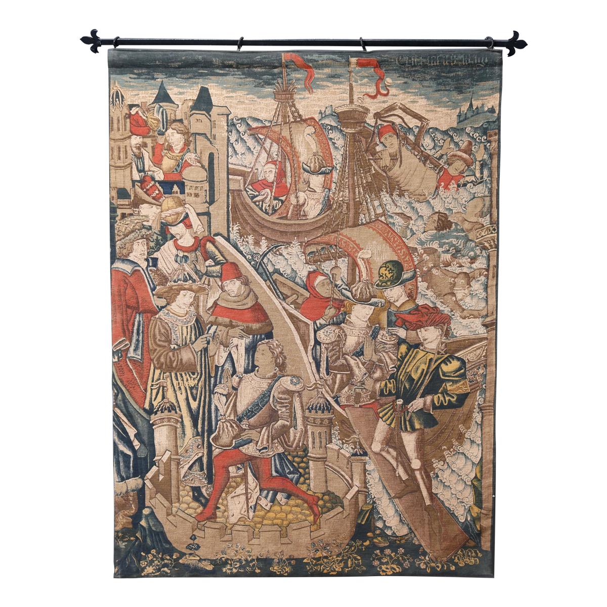 Vintage Belgium Flemish Style Tapestry with Medieval Scene, 20th Century