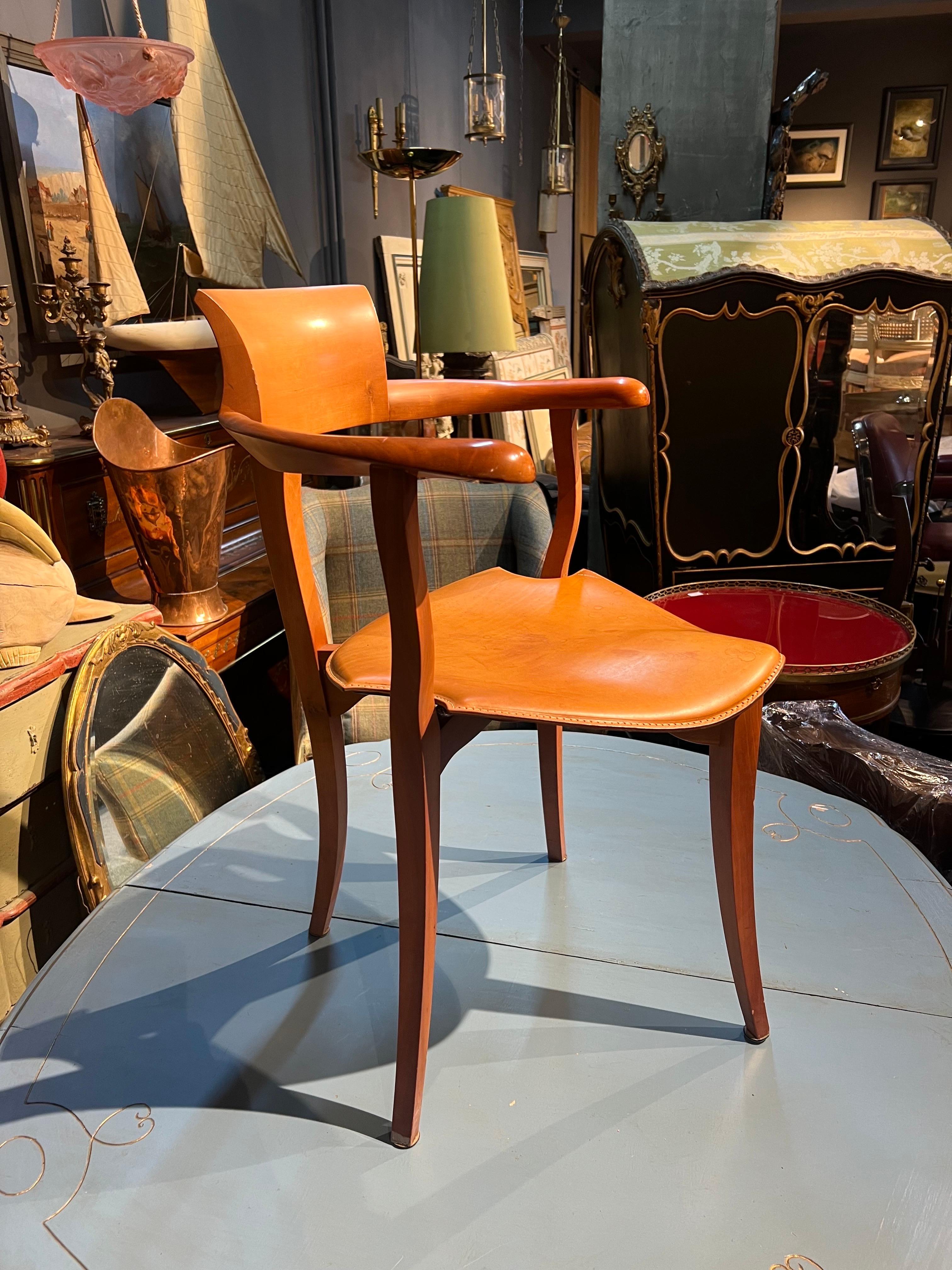Vintage Belgium Fruitwood Hand Carved Side Chair with Leather Seat  In Good Condition For Sale In Sofia, BG