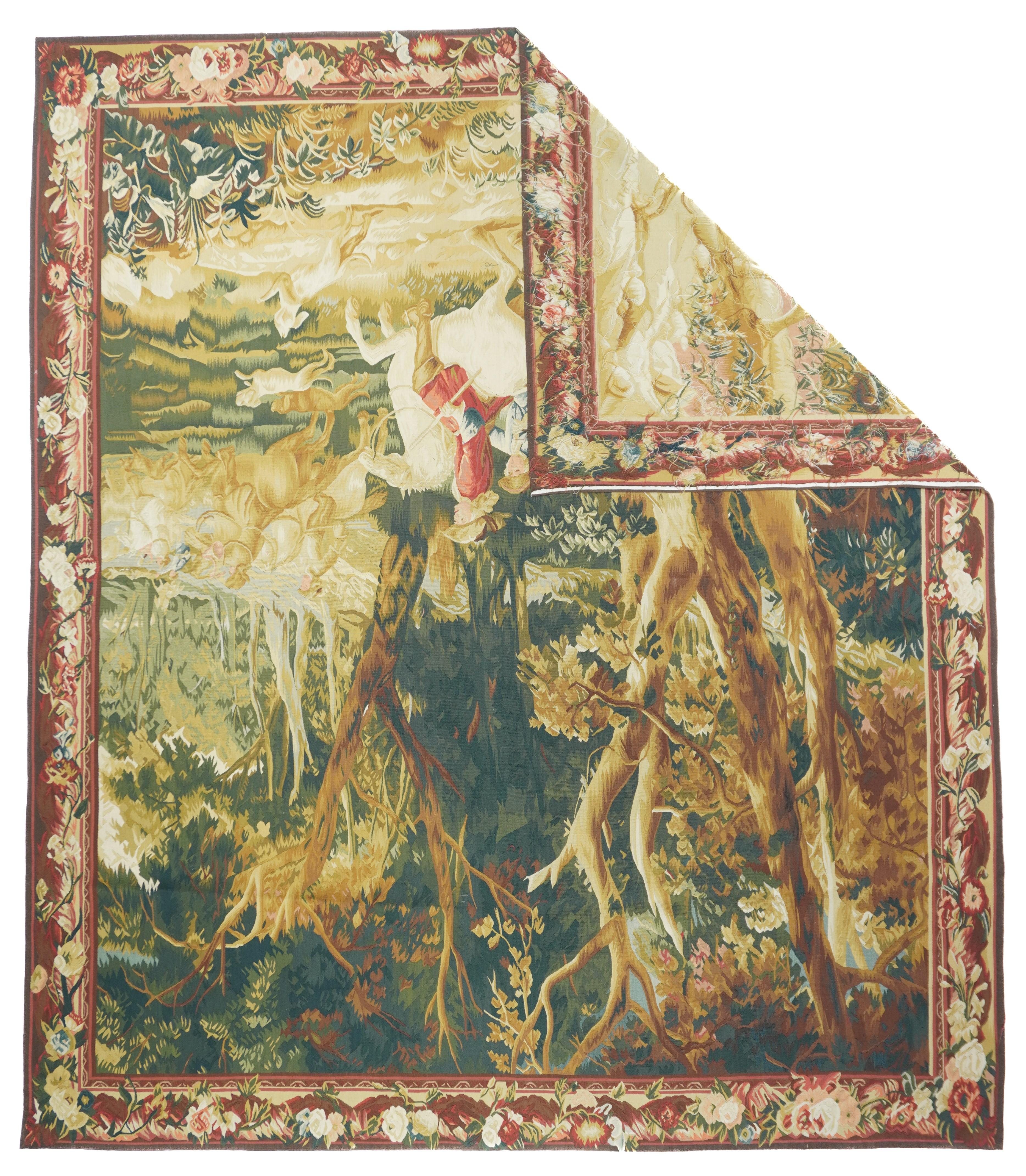 Vintage Belgium Pictorial tapestry 7.5'' x 7.7''. This tapestry almost surely originates in Brussels, the centre of Flemish tapestry weaving from the early 16th century until the 19th. Mounted and running hunters, some with muskets, and their