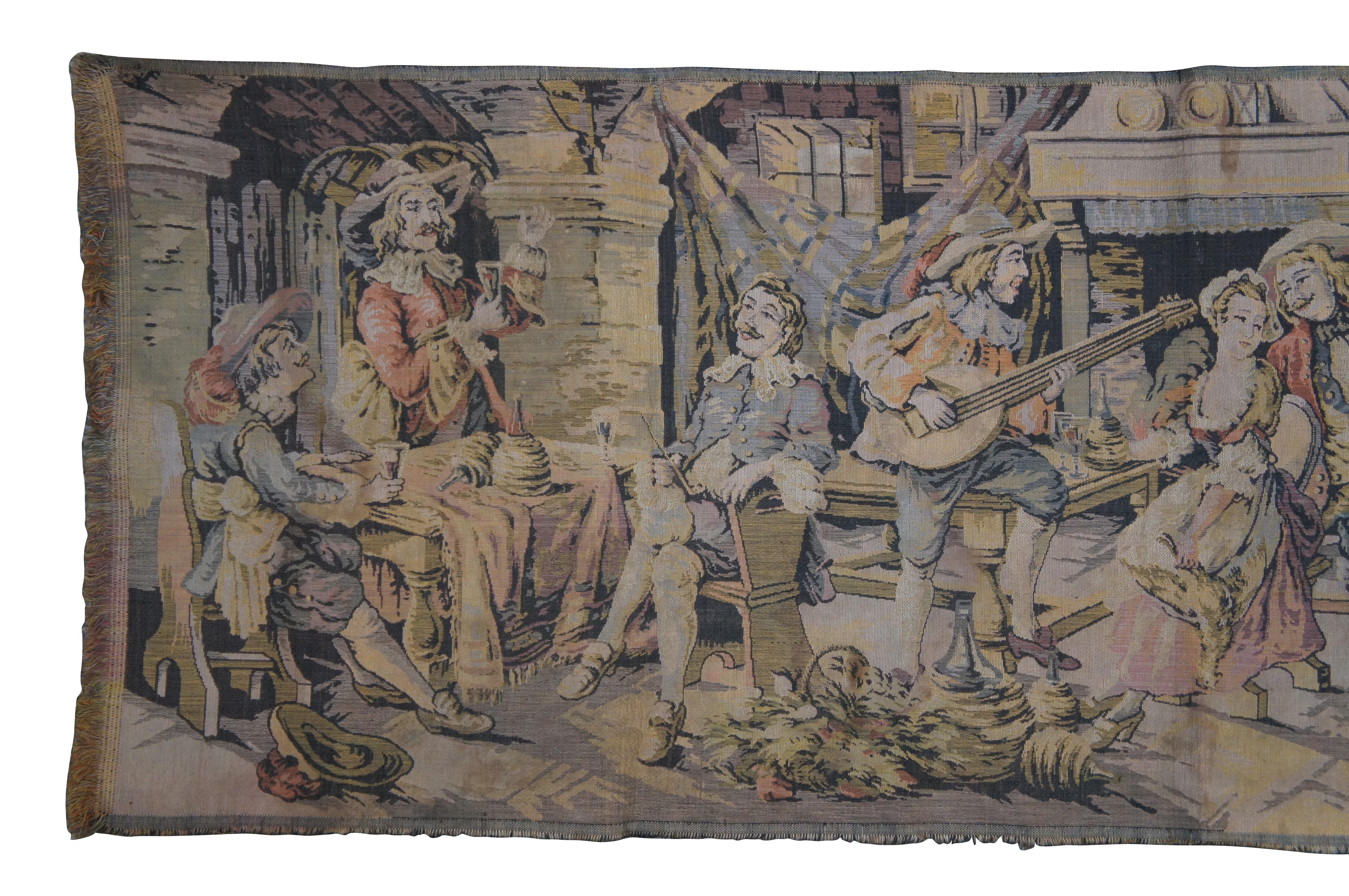 Vintage Belgium woven tavern theme tapestry featuring a Flemish pub scene with men and women (and dog) eating, drinking, smoking and singing.

Dimensions:
55