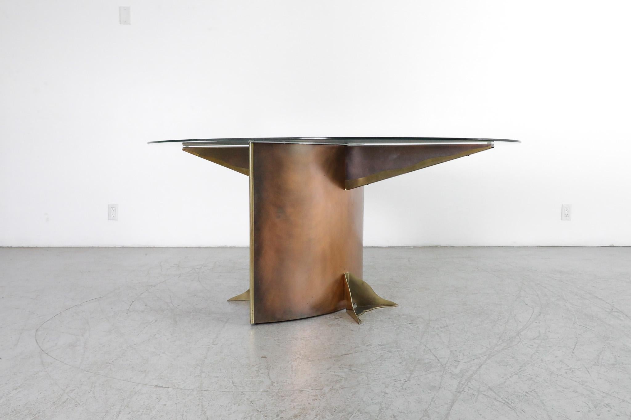 Belgian Vintage Belgo Chrom Metal and Brass Dining Table with Glass Top For Sale