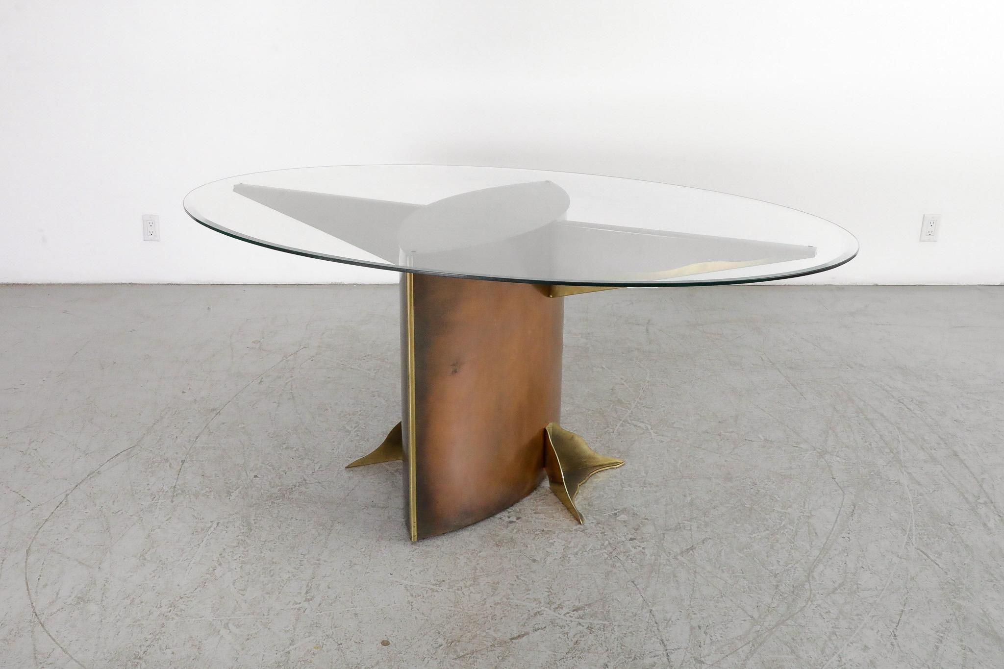 Vintage Belgo Chrom Metal and Brass Dining Table with Glass Top In Good Condition For Sale In Los Angeles, CA