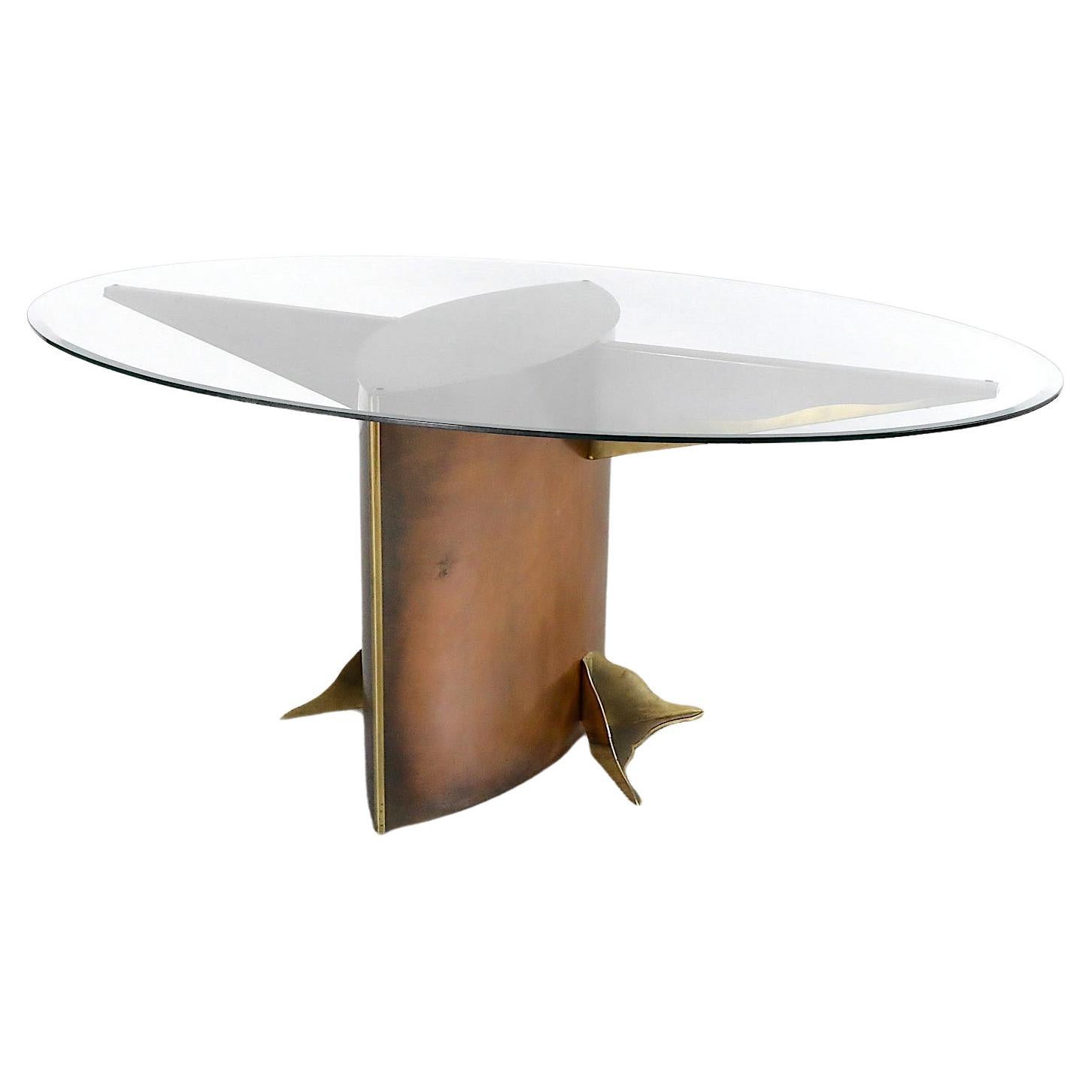 Table de salle à manger Belgo Chrom vintage en métal et laiton avec plateau en verre