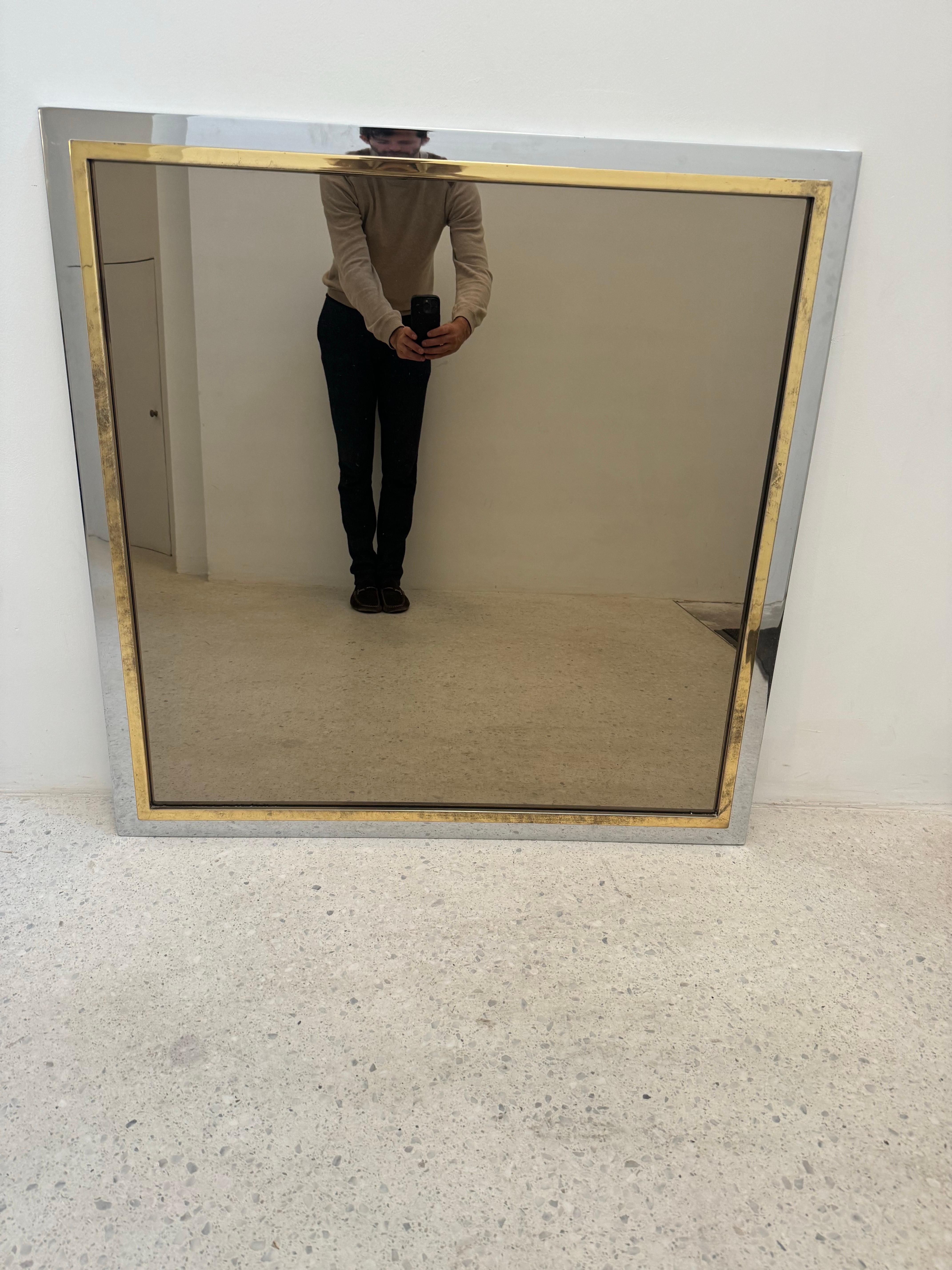 Laiton Miroir chromé Belgo avec cadre en laiton et chrome, 1970 en vente