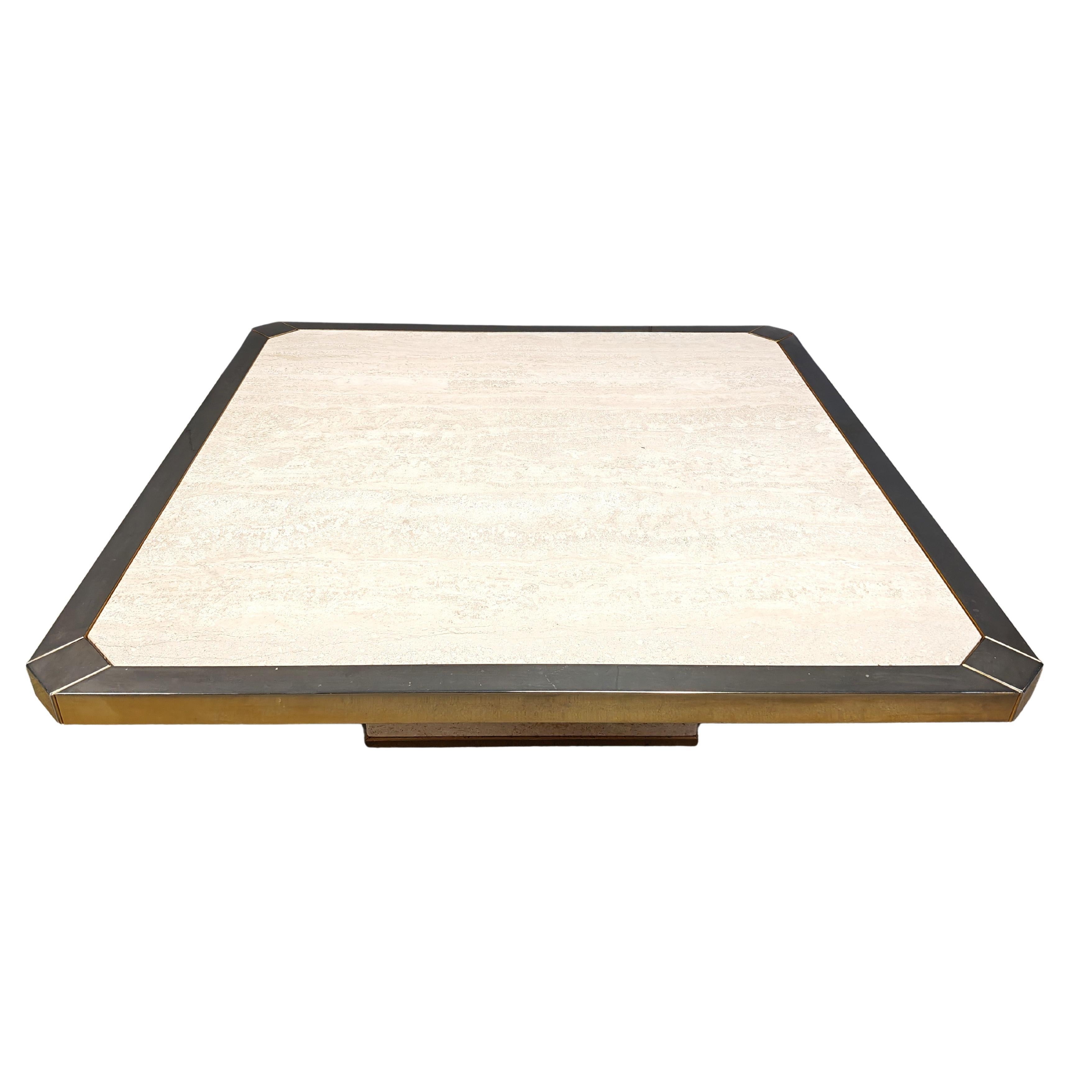 Mesa de centro vintage belgochrom de oro de 23 quilates y travertino , años 70 en venta
