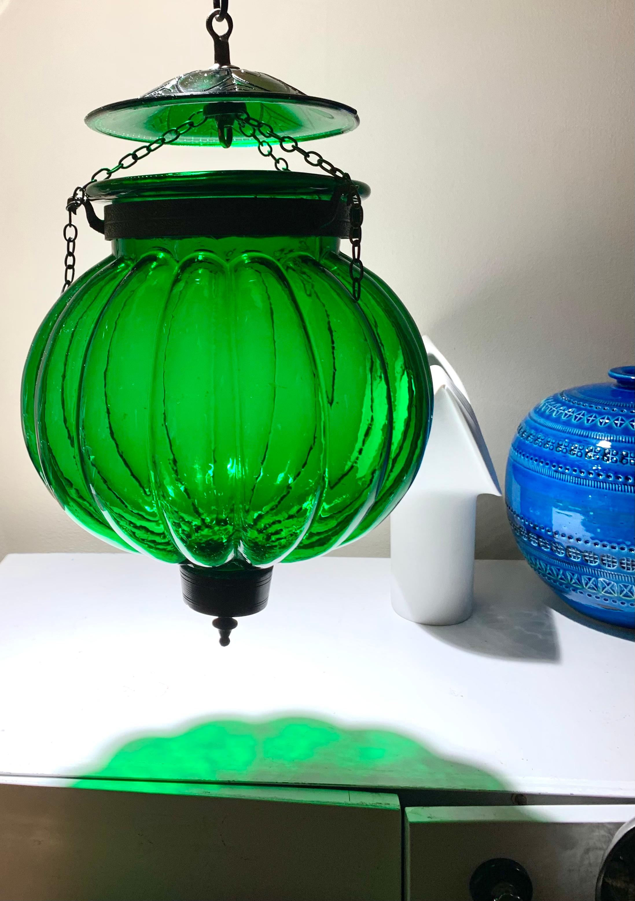 Vintage bell jar emerald green gourd lantern, mid-century Anglo-Indian lighting.