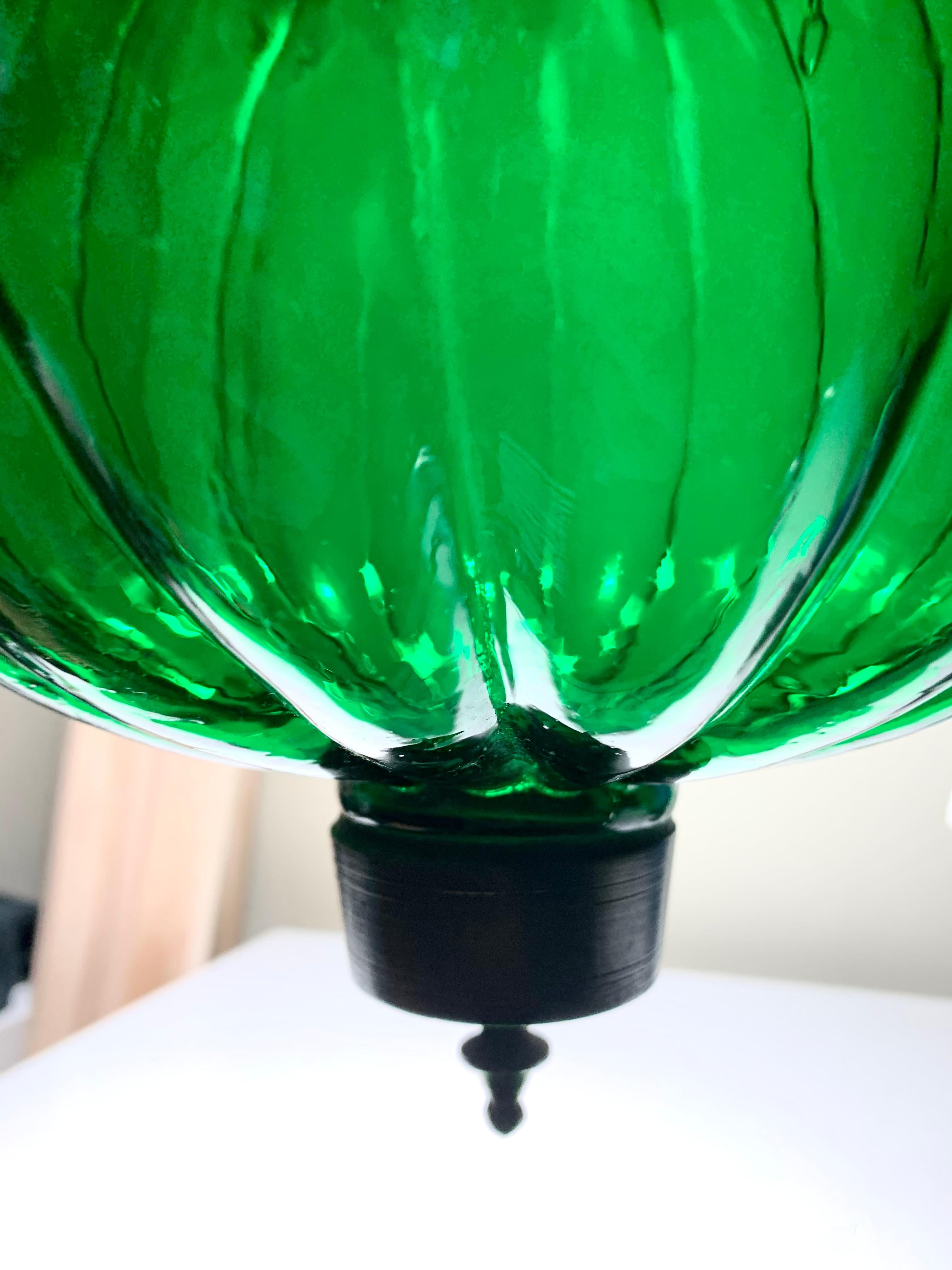 Blown Glass Vintage Bell Jar Emerald Green Gourd Lantern, Mid-Century Anglo-Indian Lighting