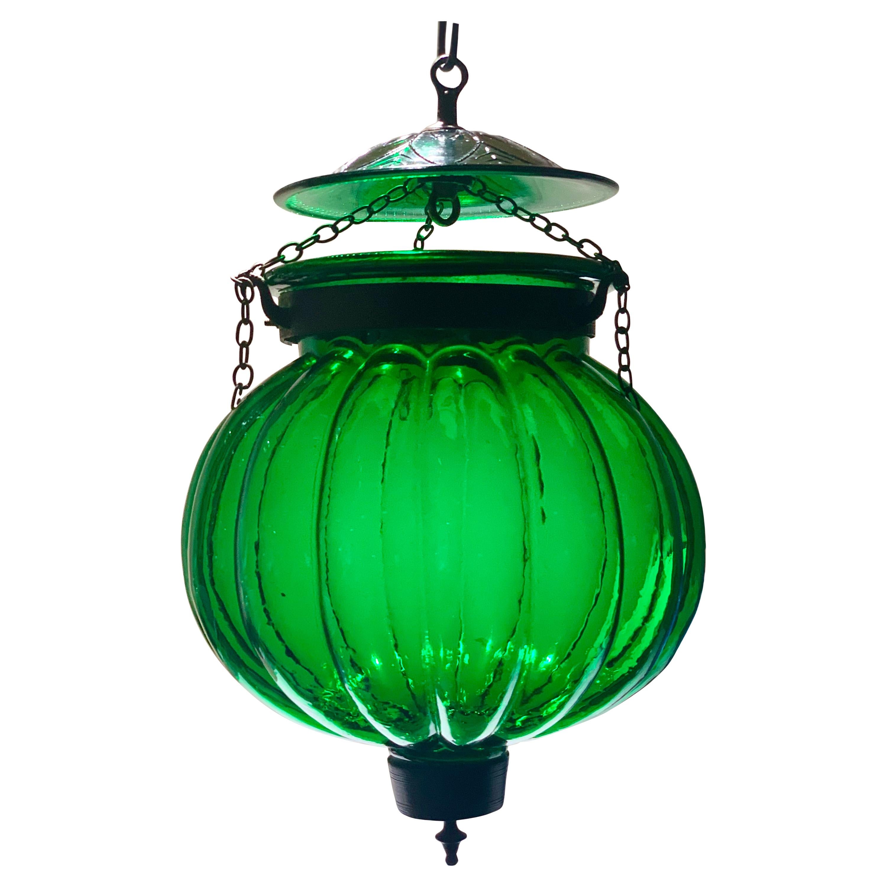 Vintage Bell Jar Emerald Green Gourd Lantern, Mid-Century Anglo-Indian Lighting