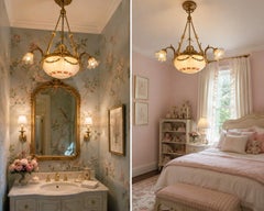 Lampadario d'epoca Belle Époque Revival dorato con coppa di vetro floreale dipinta a mano