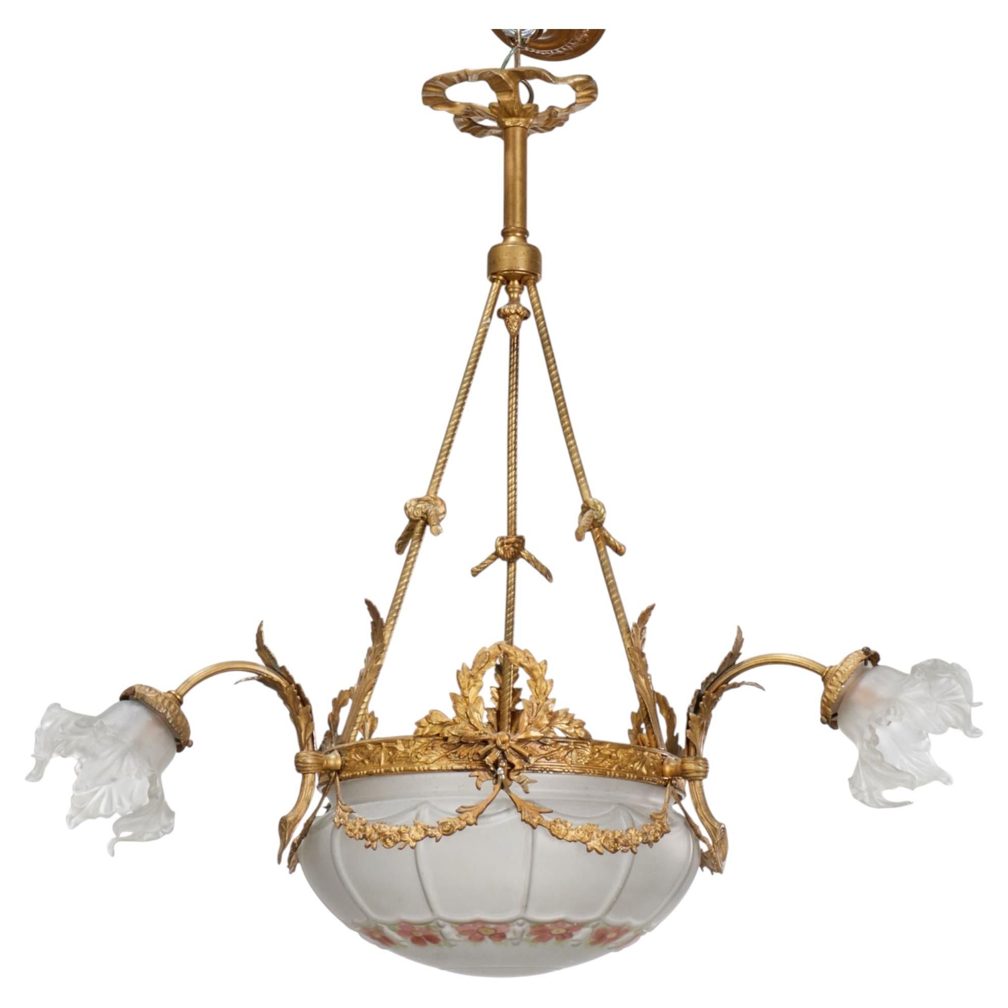Vintage Belle Époque Revival Gilt Chandelier with Hand-Painted Floral Glass Bowl