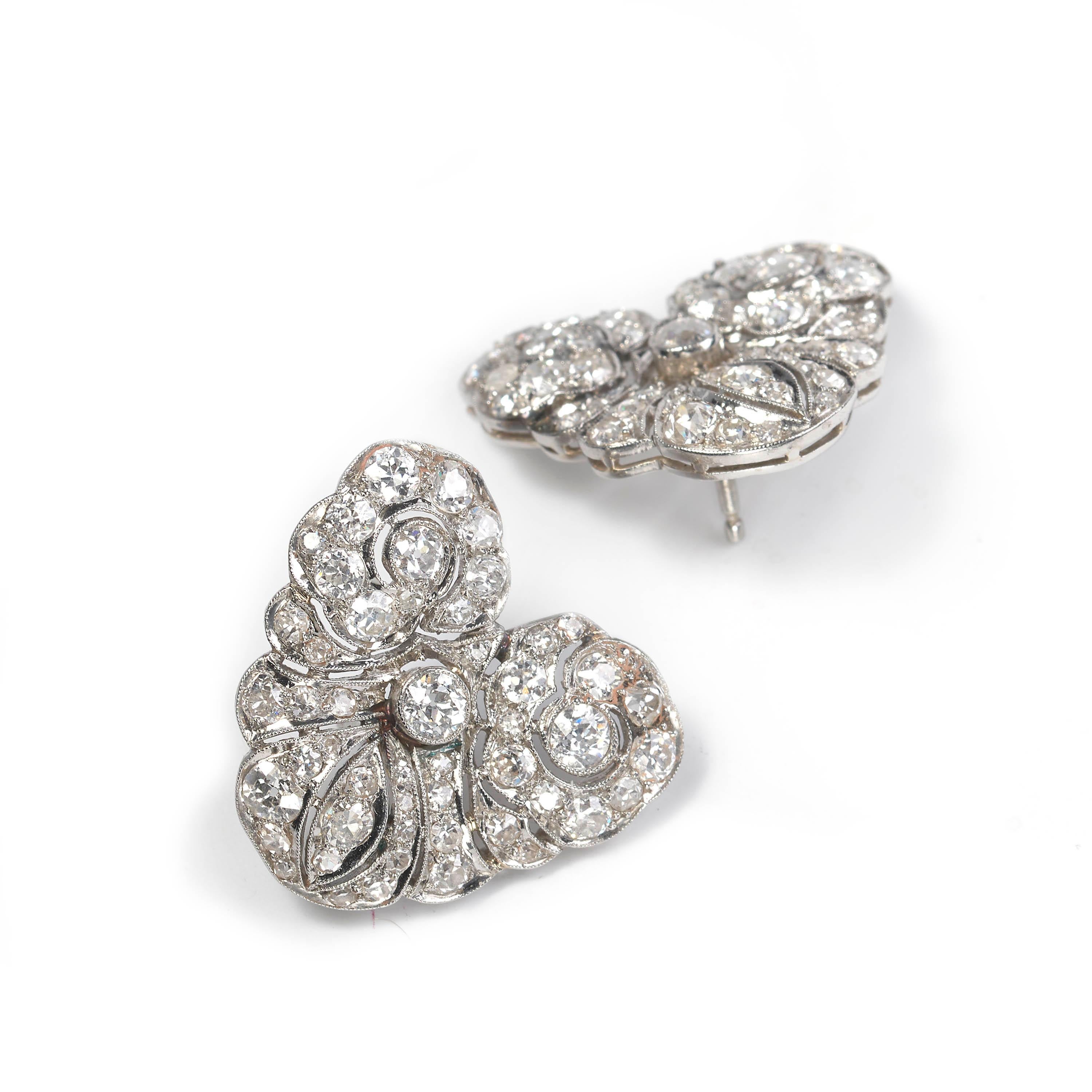 Pendientes vintage de diamantes estilo Belle Époque, 4,00 quilates, circa 1940 Corte redondo en venta