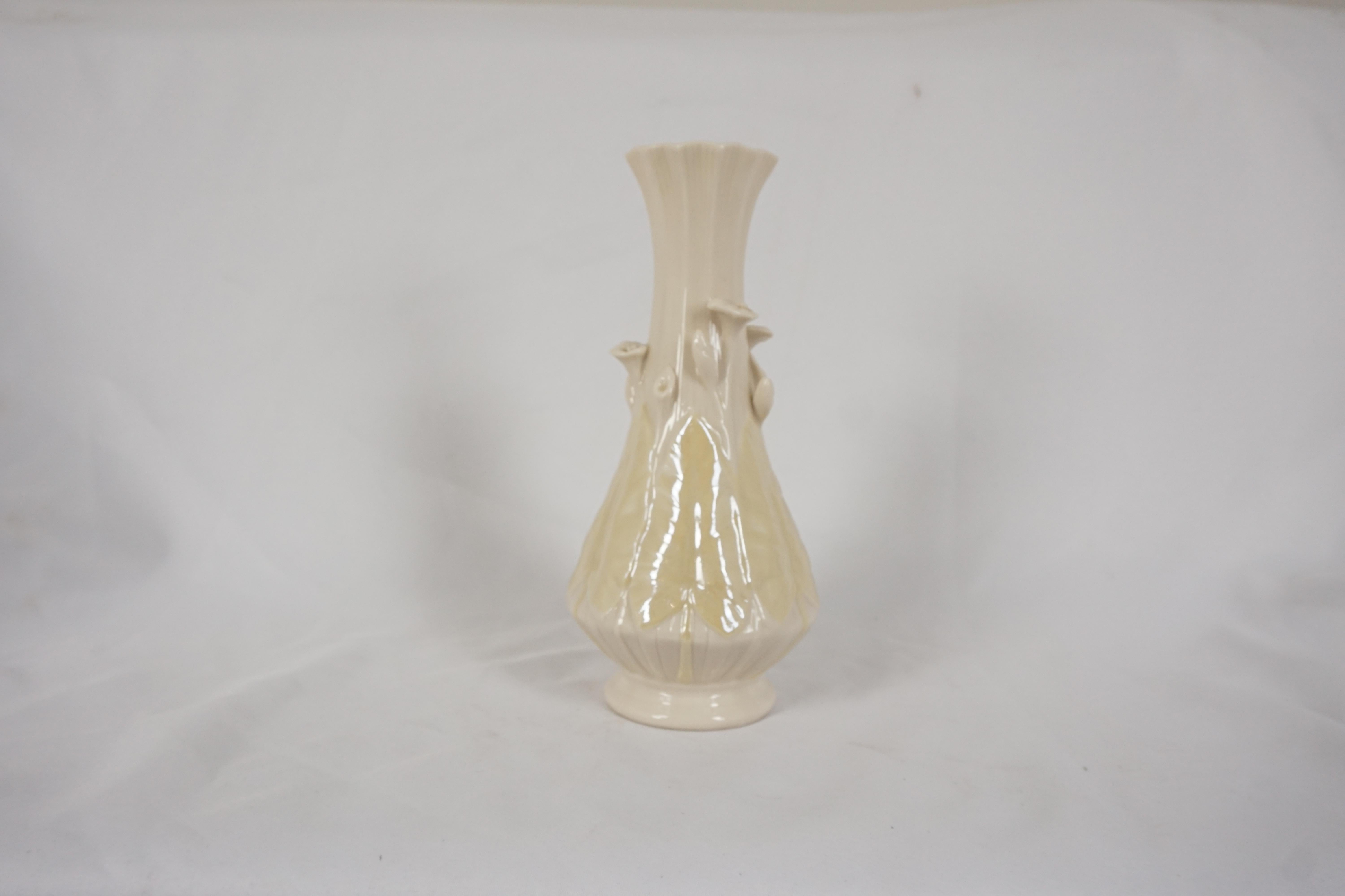 Northern Irish Vintage Belleek Vase, 3D Lily Leaf, Ivory Green 6th Mark Giftware, Ireland, 1950