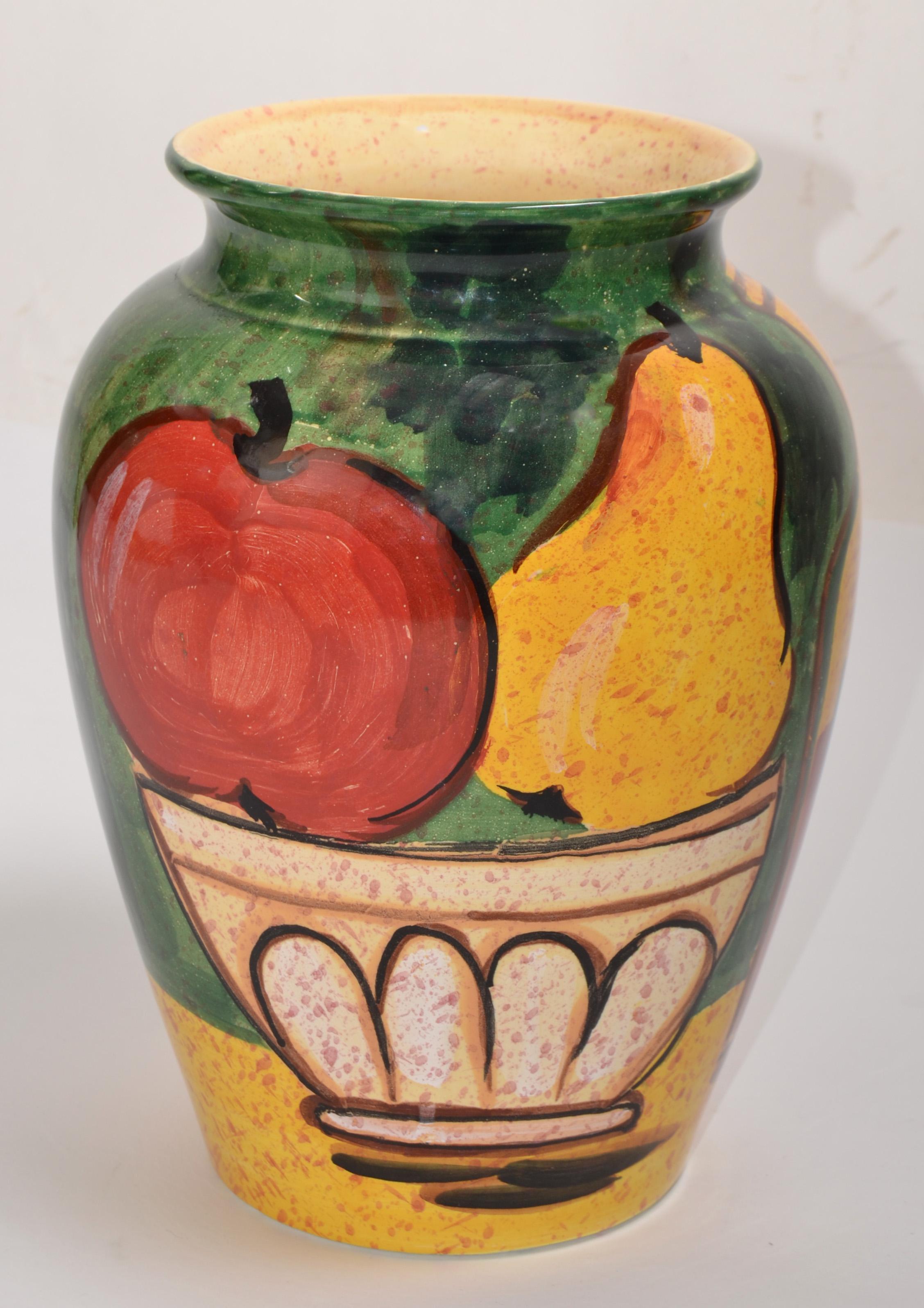 Vintage Bellini PIU Italy Still Life Fruit Hand Painted Ceramic Vase Apple Pear  For Sale 5