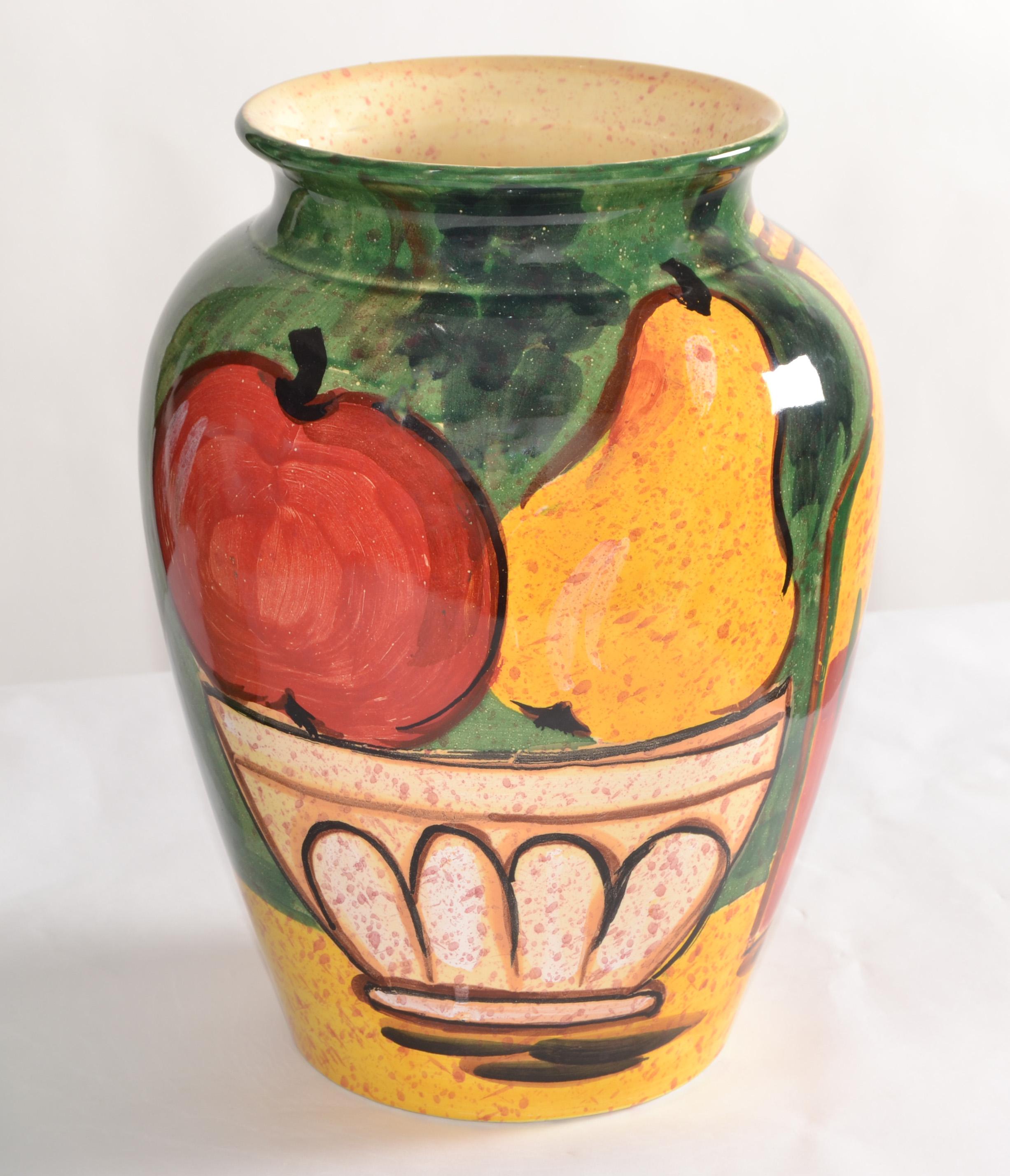 Mid-Century Modern Vintage Bellini PIU Italy Still Life Fruit Hand Painted Ceramic Vase Apple Pear  For Sale