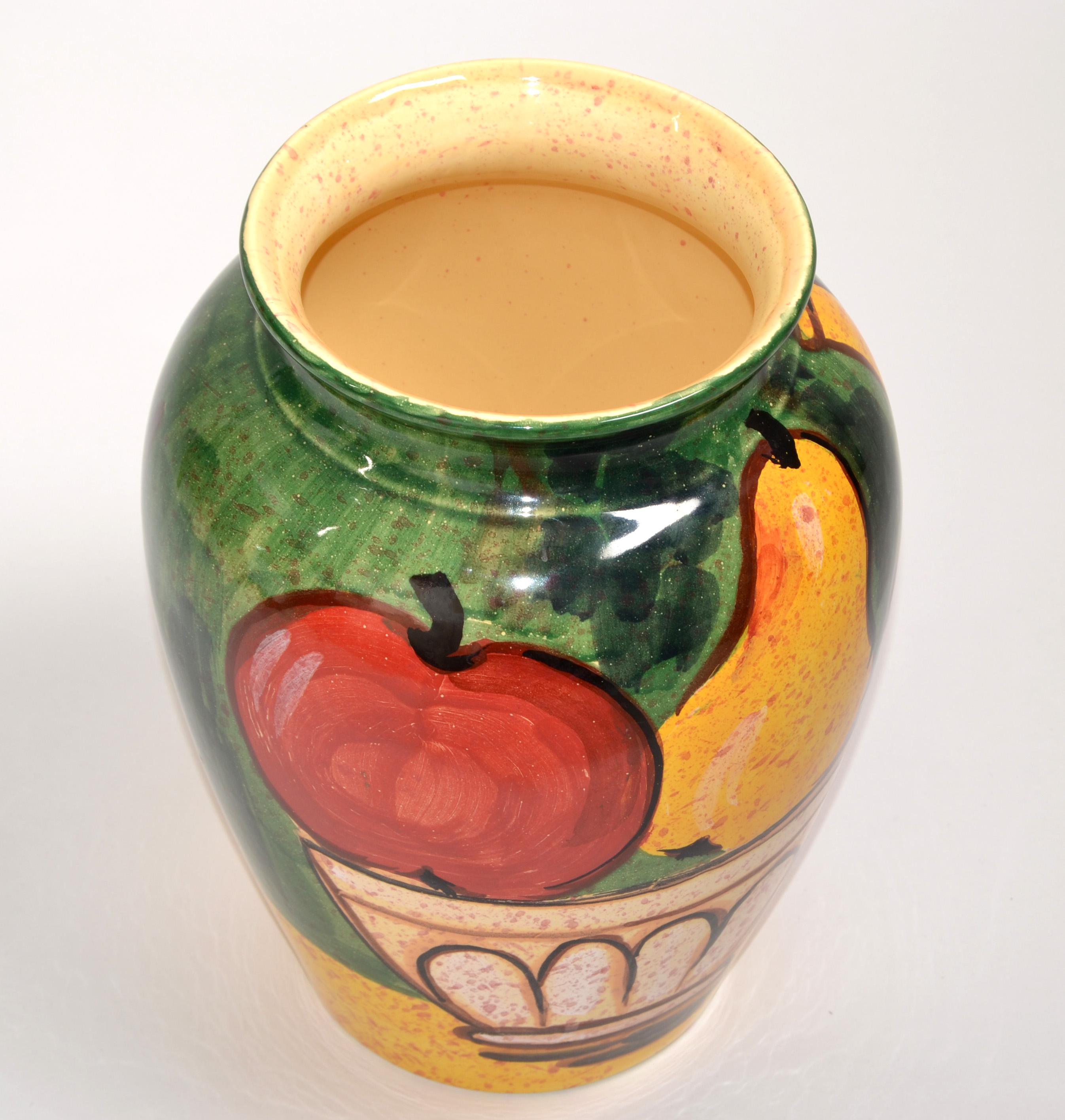 Italian Vintage Bellini PIU Italy Still Life Fruit Hand Painted Ceramic Vase Apple Pear  For Sale