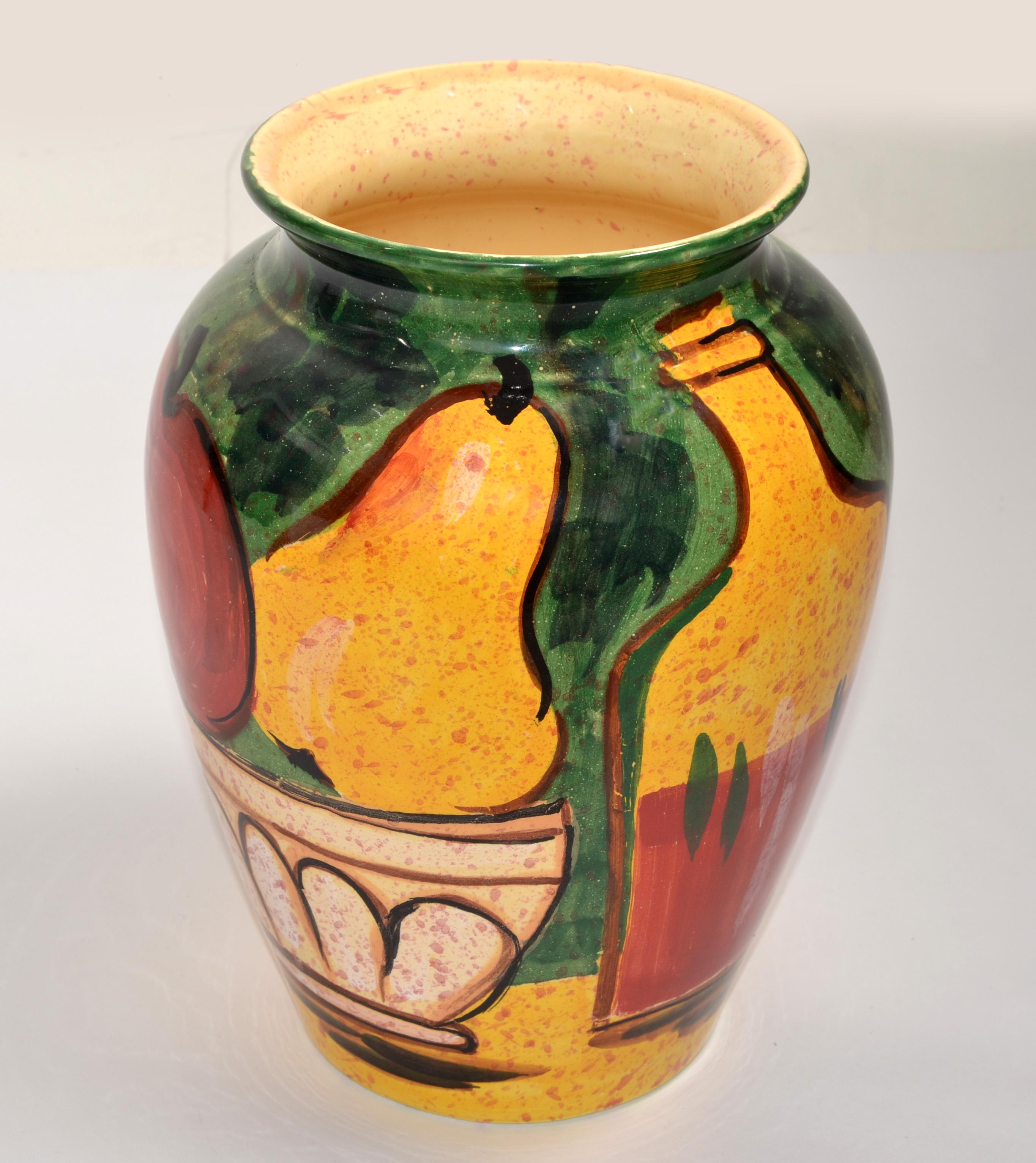 Hand-Crafted Vintage Bellini PIU Italy Still Life Fruit Hand Painted Ceramic Vase Apple Pear  For Sale