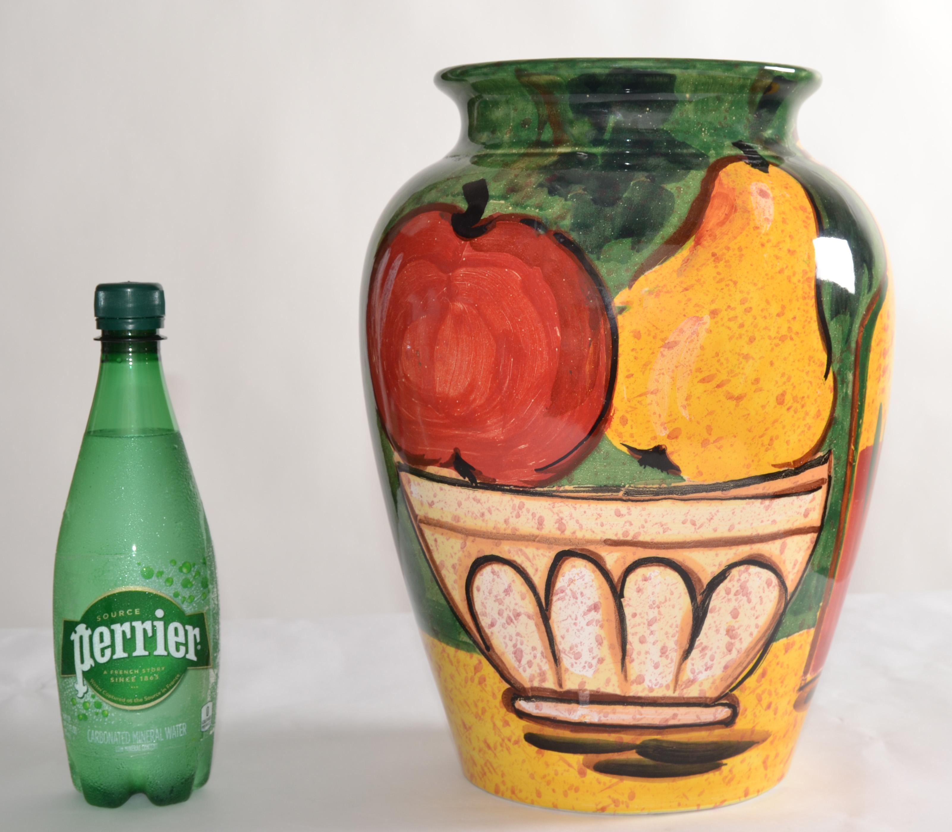 20th Century Vintage Bellini PIU Italy Still Life Fruit Hand Painted Ceramic Vase Apple Pear  For Sale