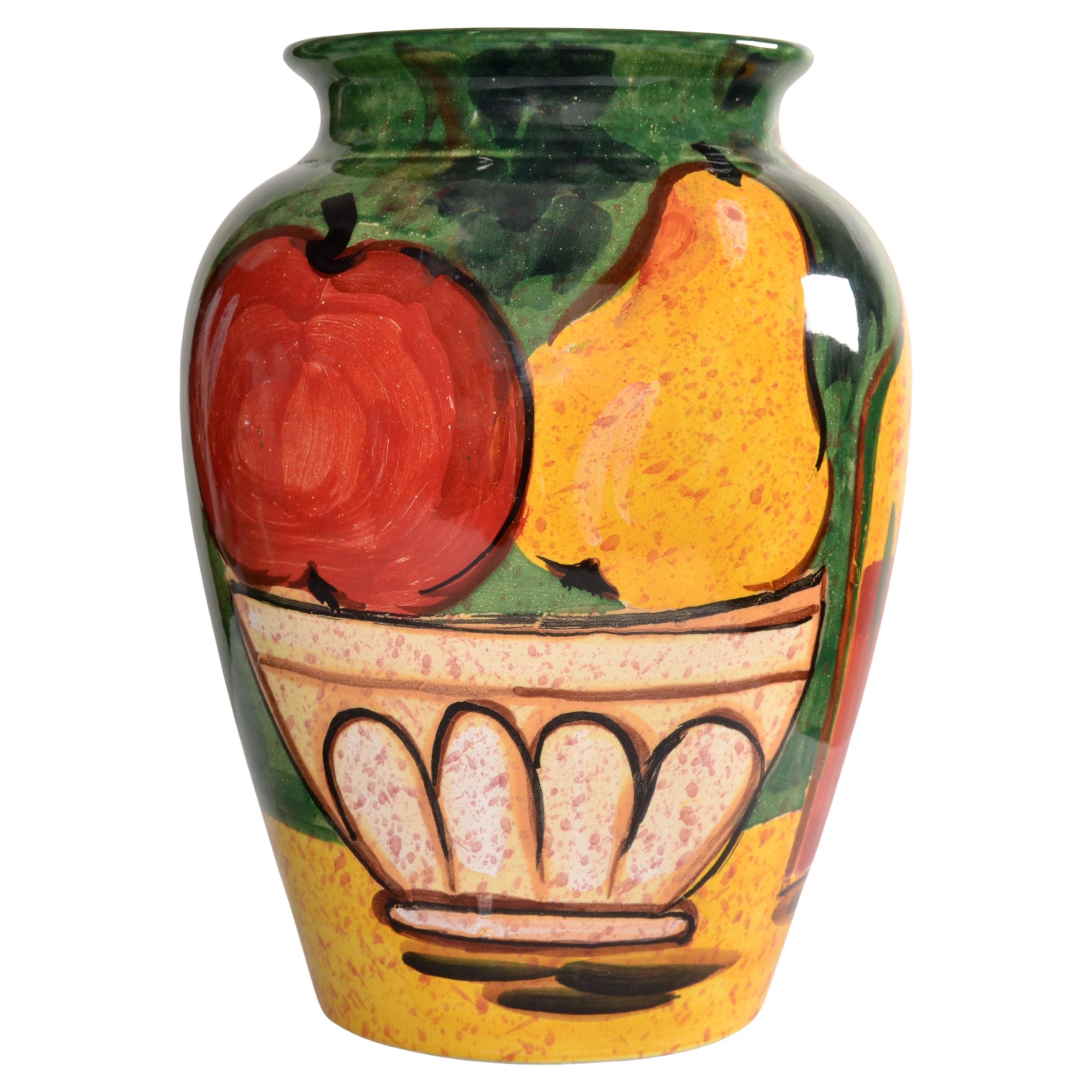 Vintage Bellini PIU Italy Still Life Fruit Hand Painted Ceramic Vase Apple Pear  For Sale