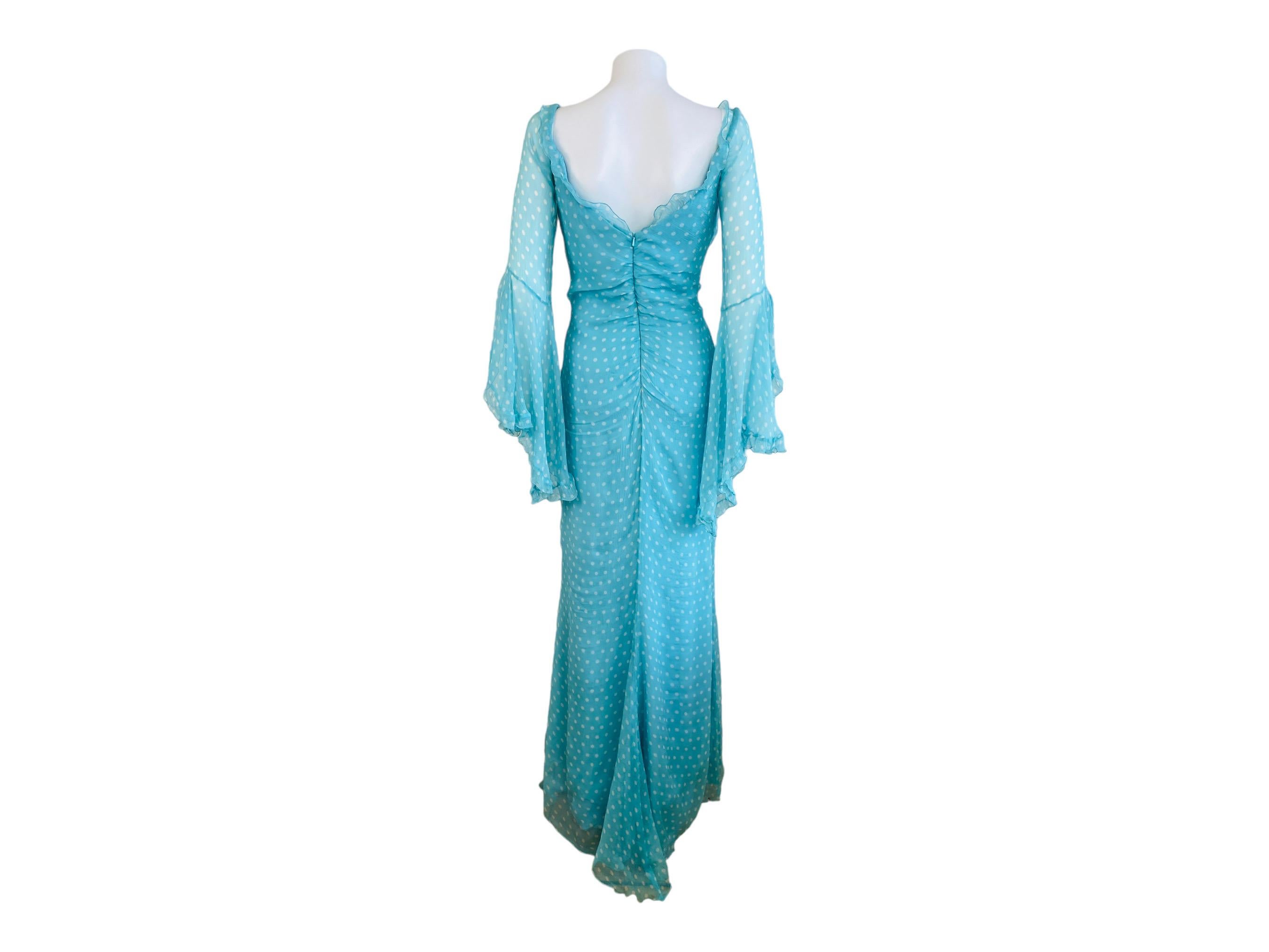 Vintage Bellville Sassoon Turquoise Blue Polka Dot Silk Gown Dress For Sale 8