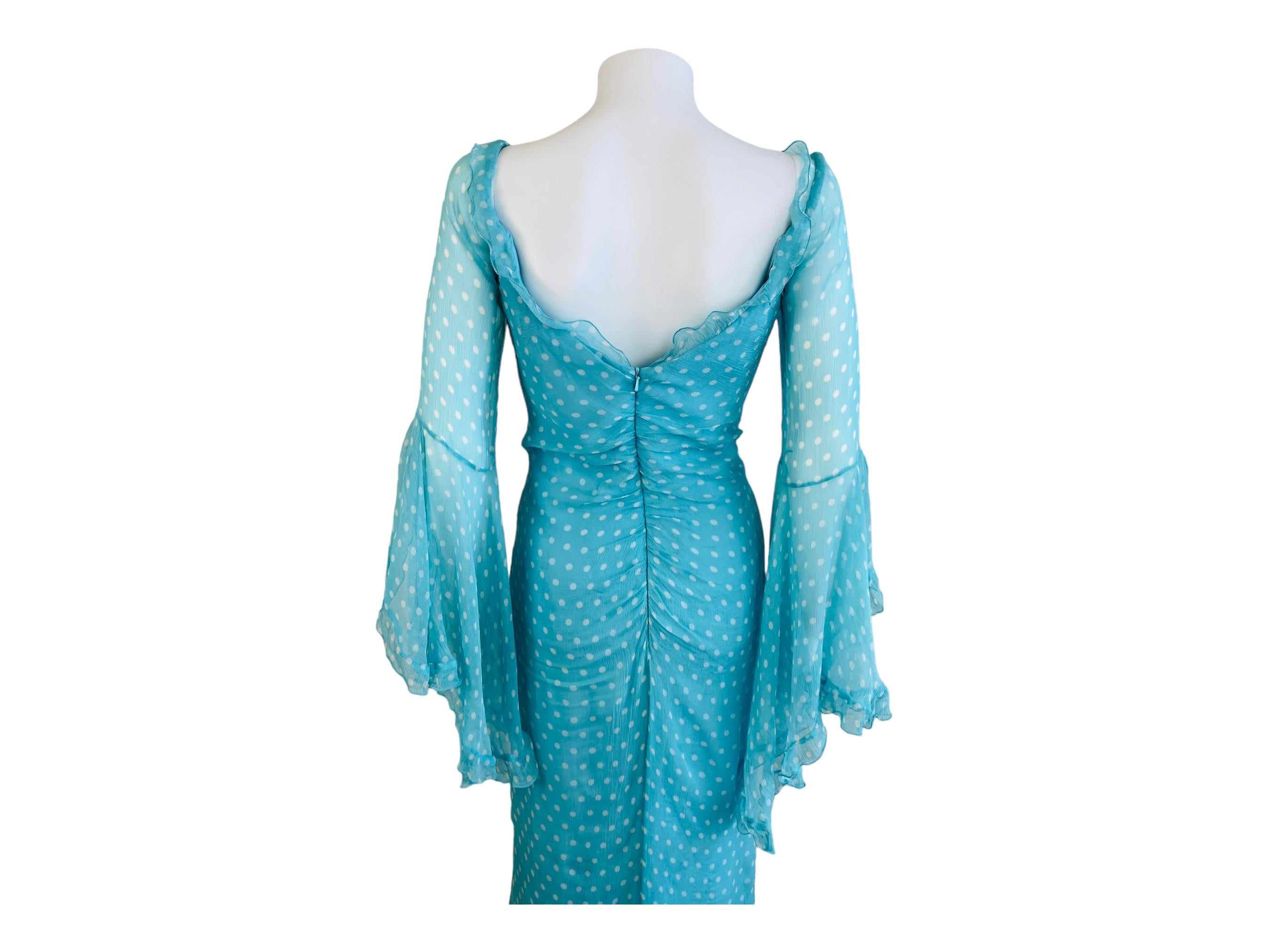 Vintage Bellville Sassoon Turquoise Blue Polka Dot Silk Gown Dress For Sale 9