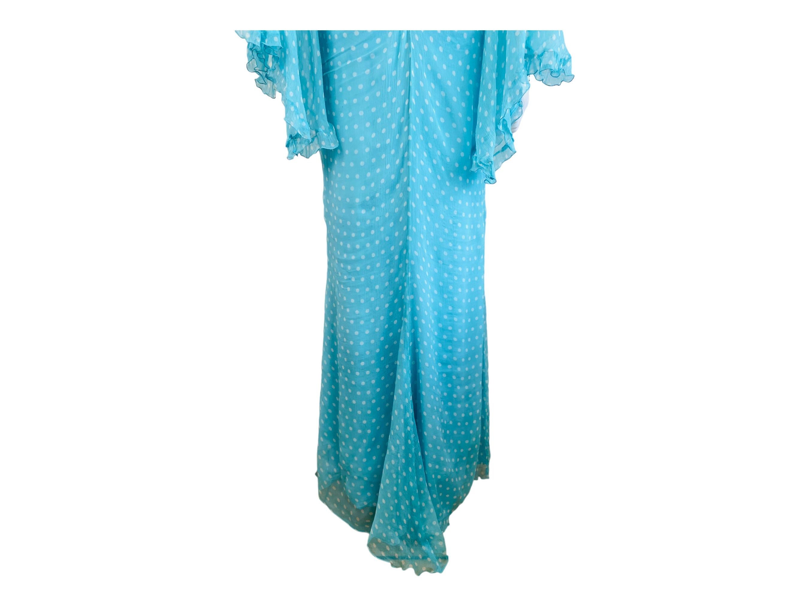 Vintage Bellville Sassoon Turquoise Blue Polka Dot Silk Gown Dress For Sale 10